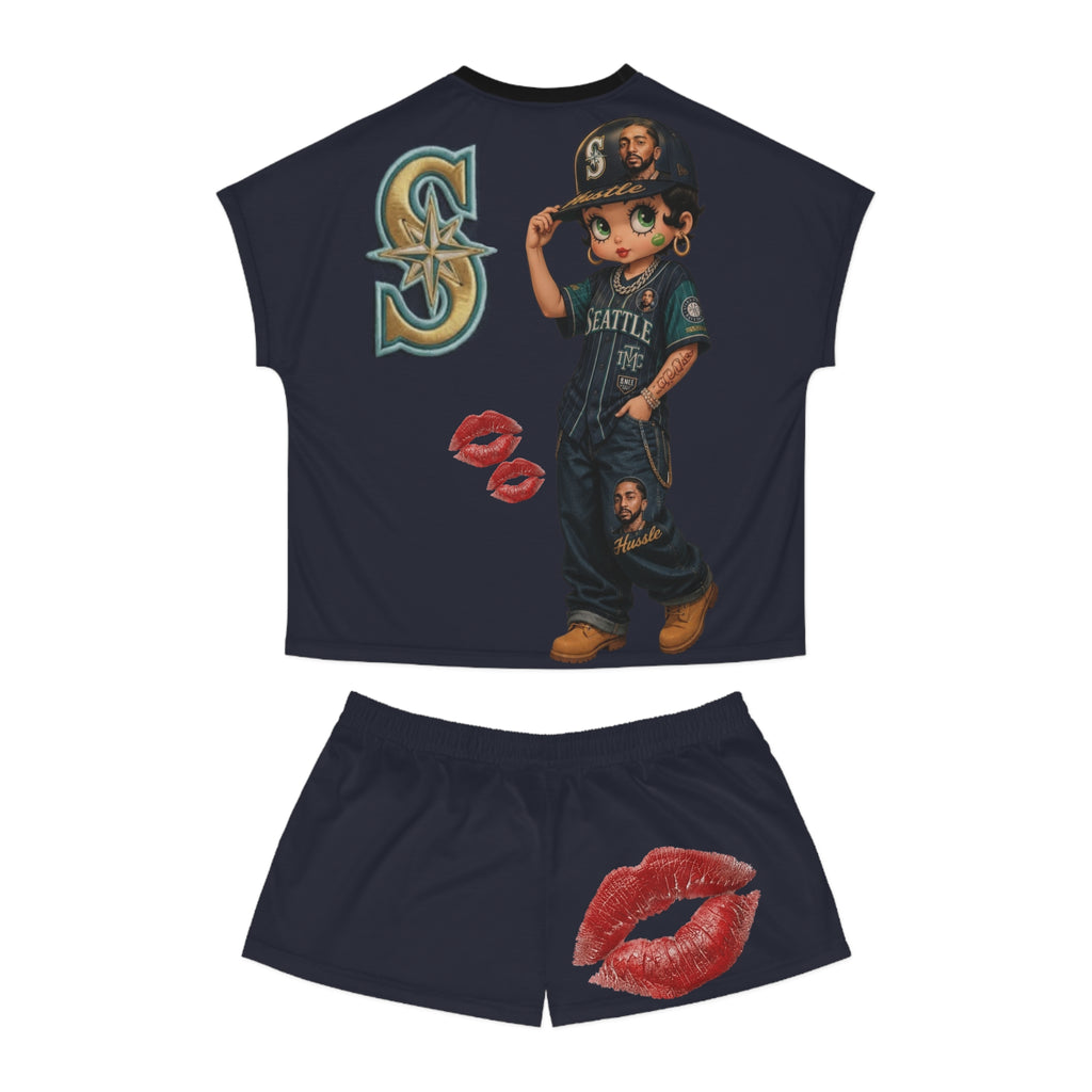 Seattle Mariners Inspired Women's Pajama Set — Cute Girl Mascot, Gold Necklace & Lip Print Sleepwear