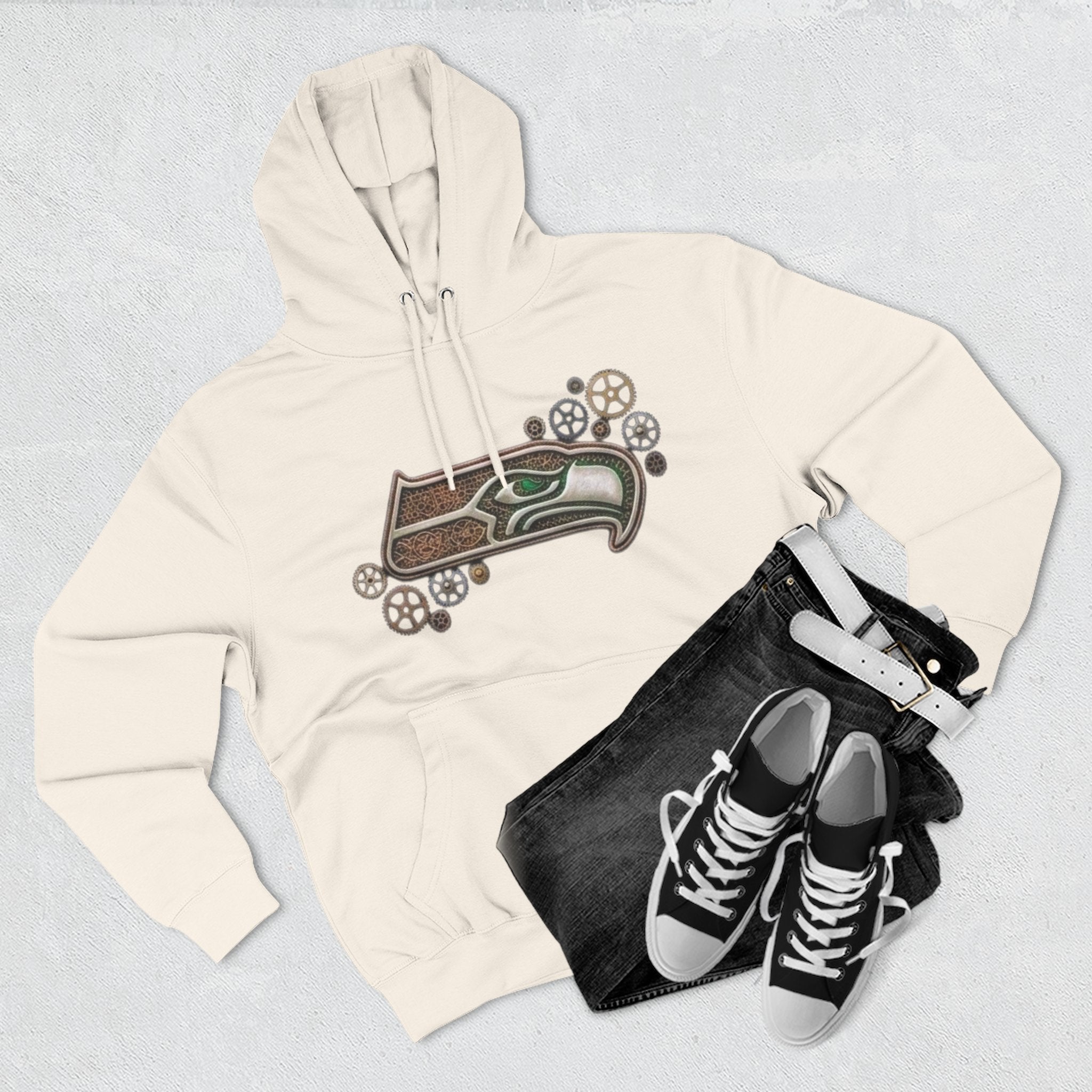 Seahawk Gear Hoodie — Vintage Seahawk Emblem with Gear Accents