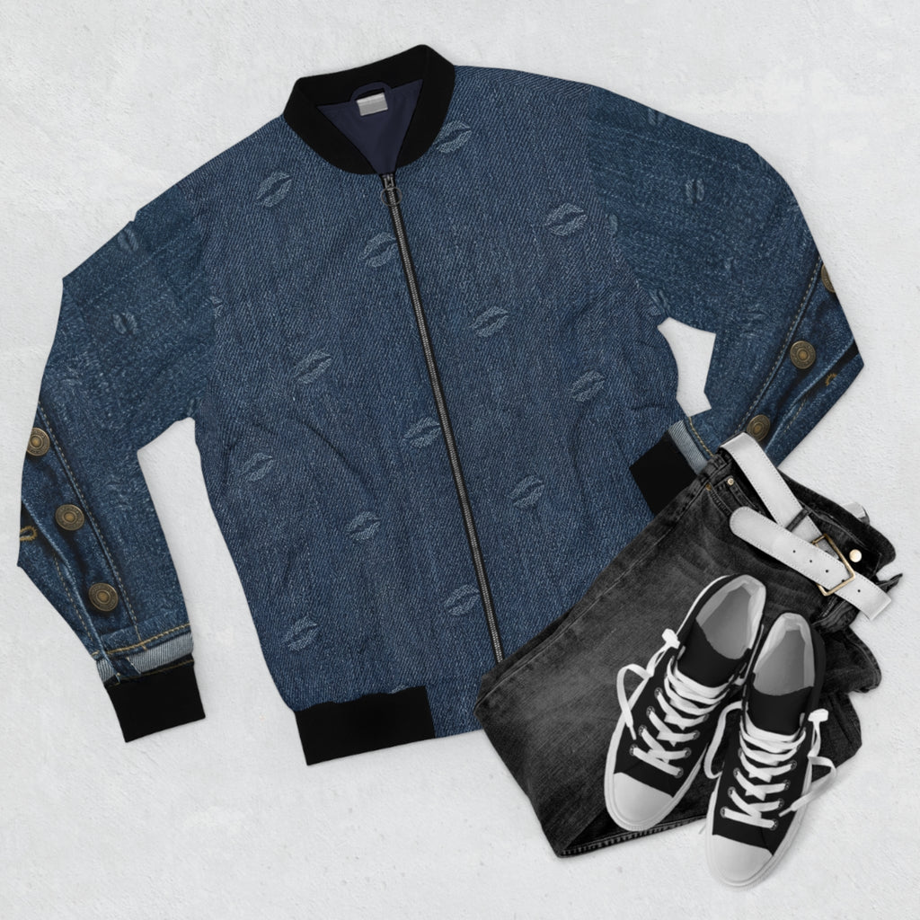 Denim Patch Bomber Jacket — Retro Distressed Kiss-Print & Middle-Finger Patch