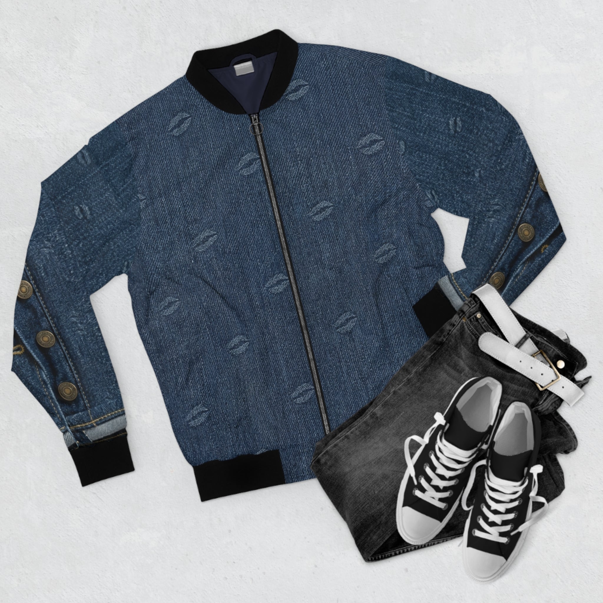 Denim Patch Bomber Jacket — Retro Distressed Kiss-Print & Middle-Finger Patch