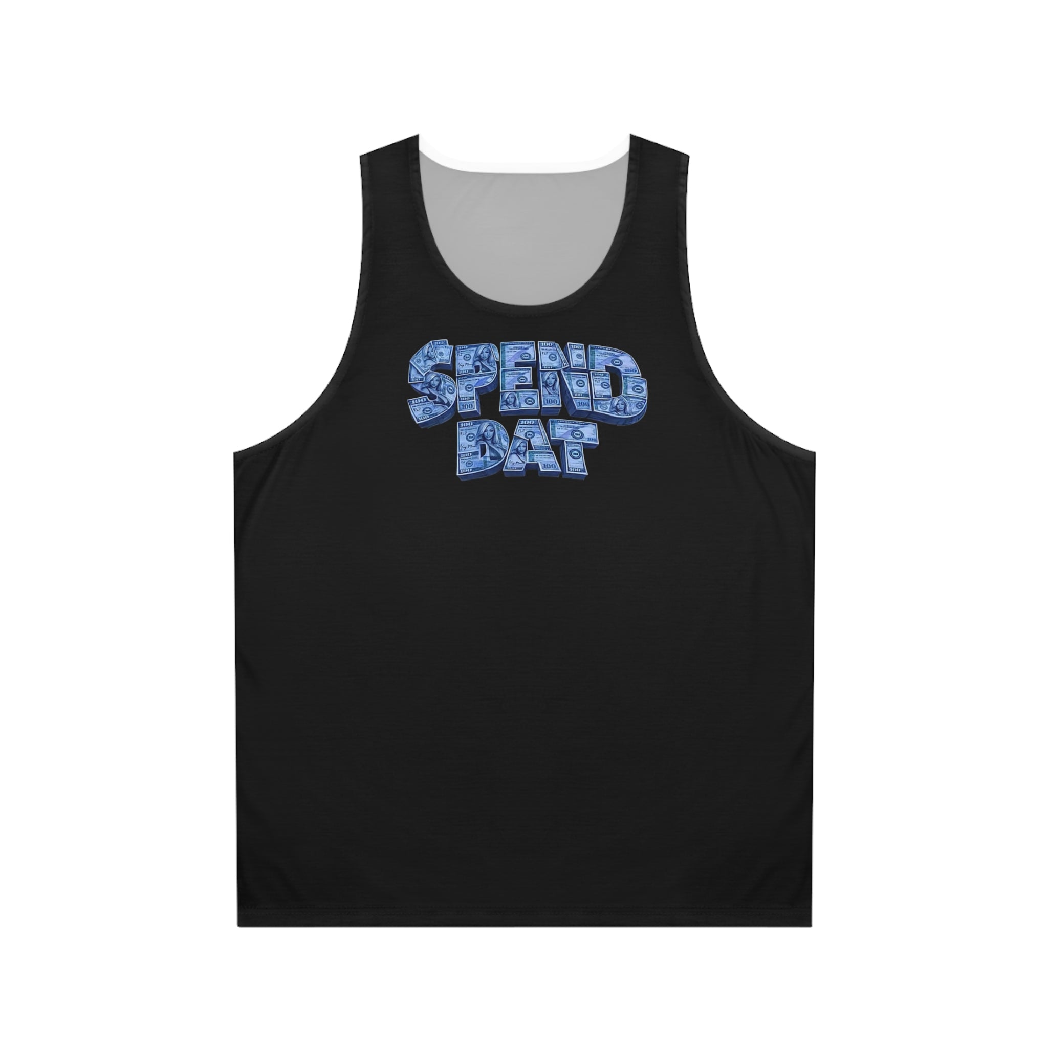 Spend Dat Tank Top — Blue Graffiti Text Graphic Tank