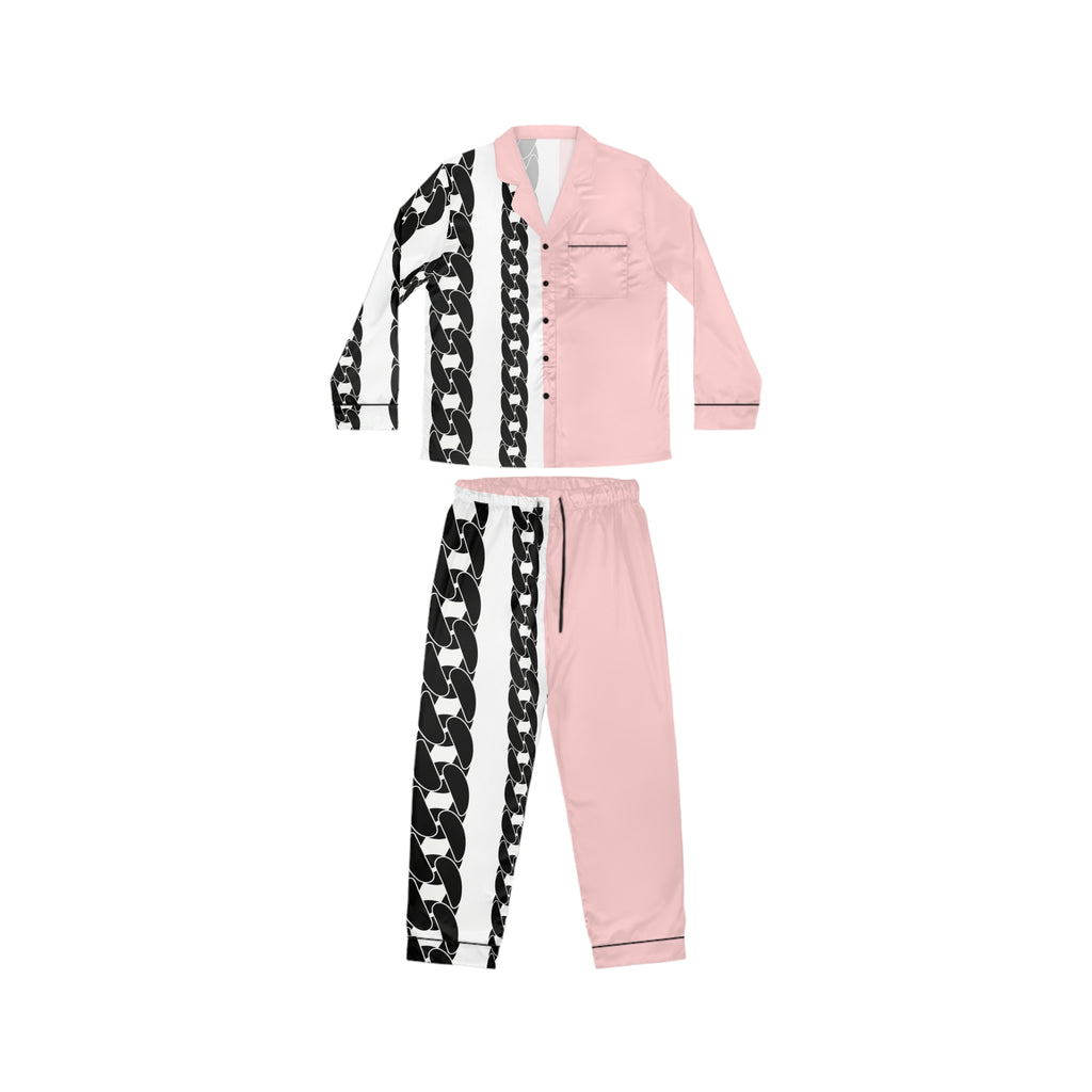 Pink Satin Pajama Set with Black Chain Print — Women's Luxe Sleepwear