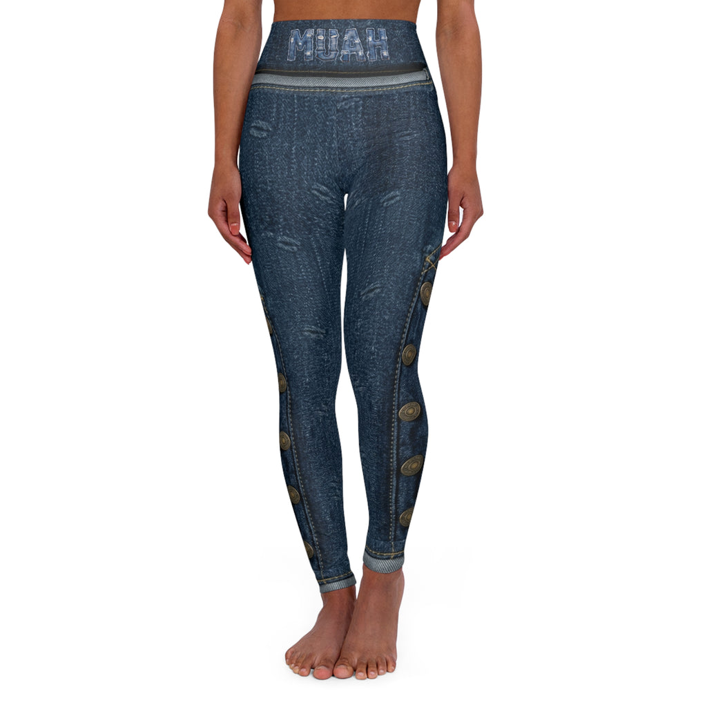 Denim-Print High-Waist Yoga Leggings — Faux Jean Look with Button & Stitch Details