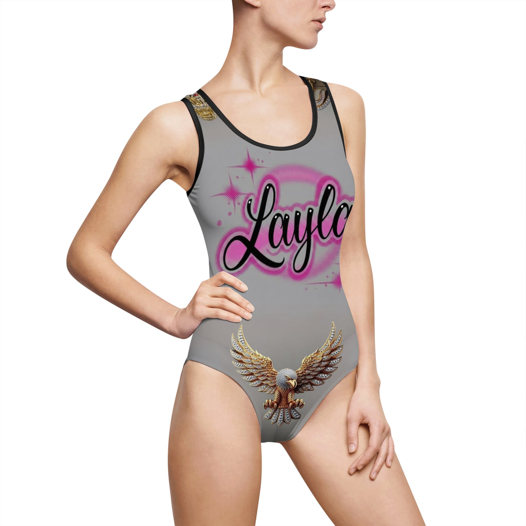 Personalized 'Layla' One-Piece Swimsuit — Pink Script Name & Eagle Graphic