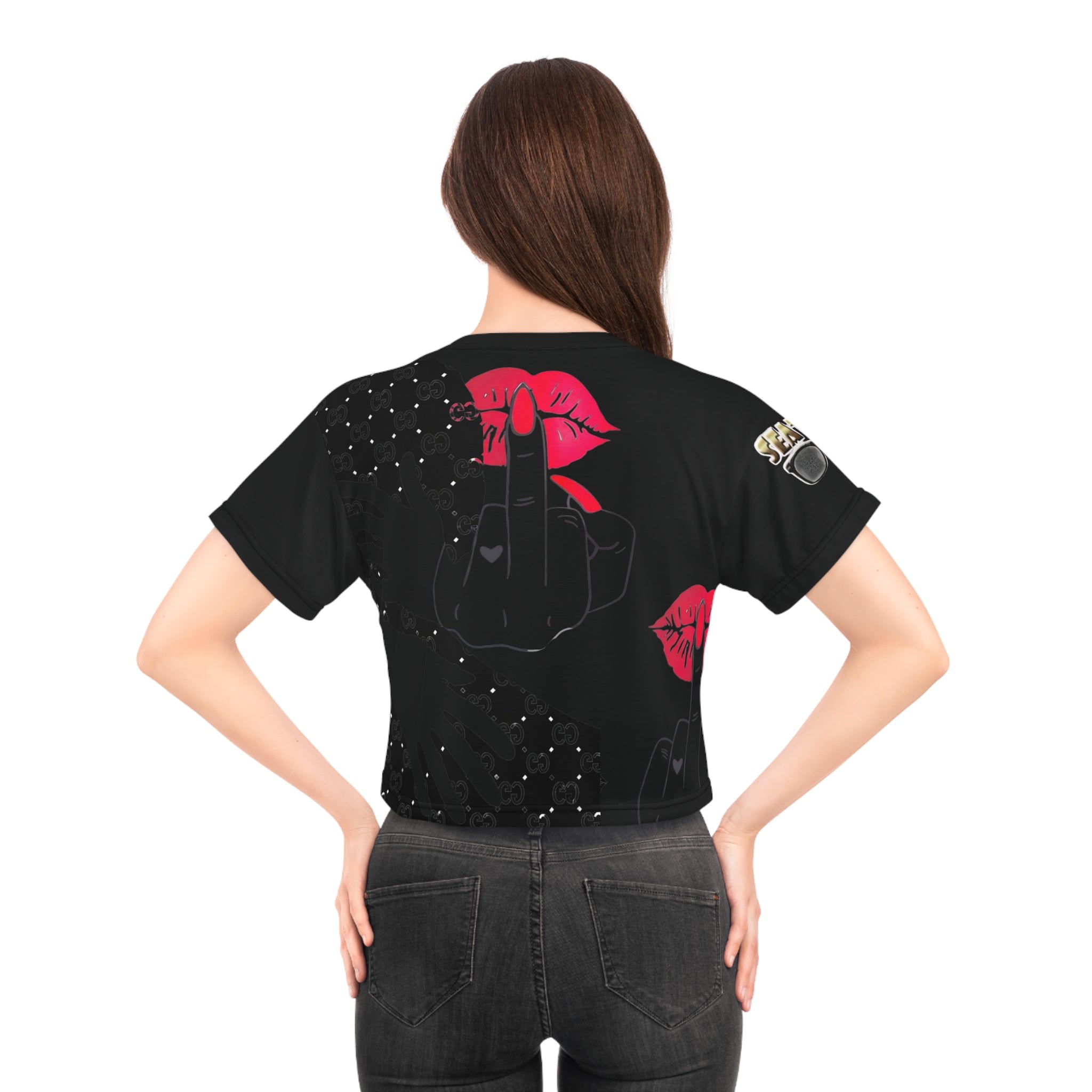 Graphic Crop Tee — Bold Red Lips & Middle Finger All-Over Print