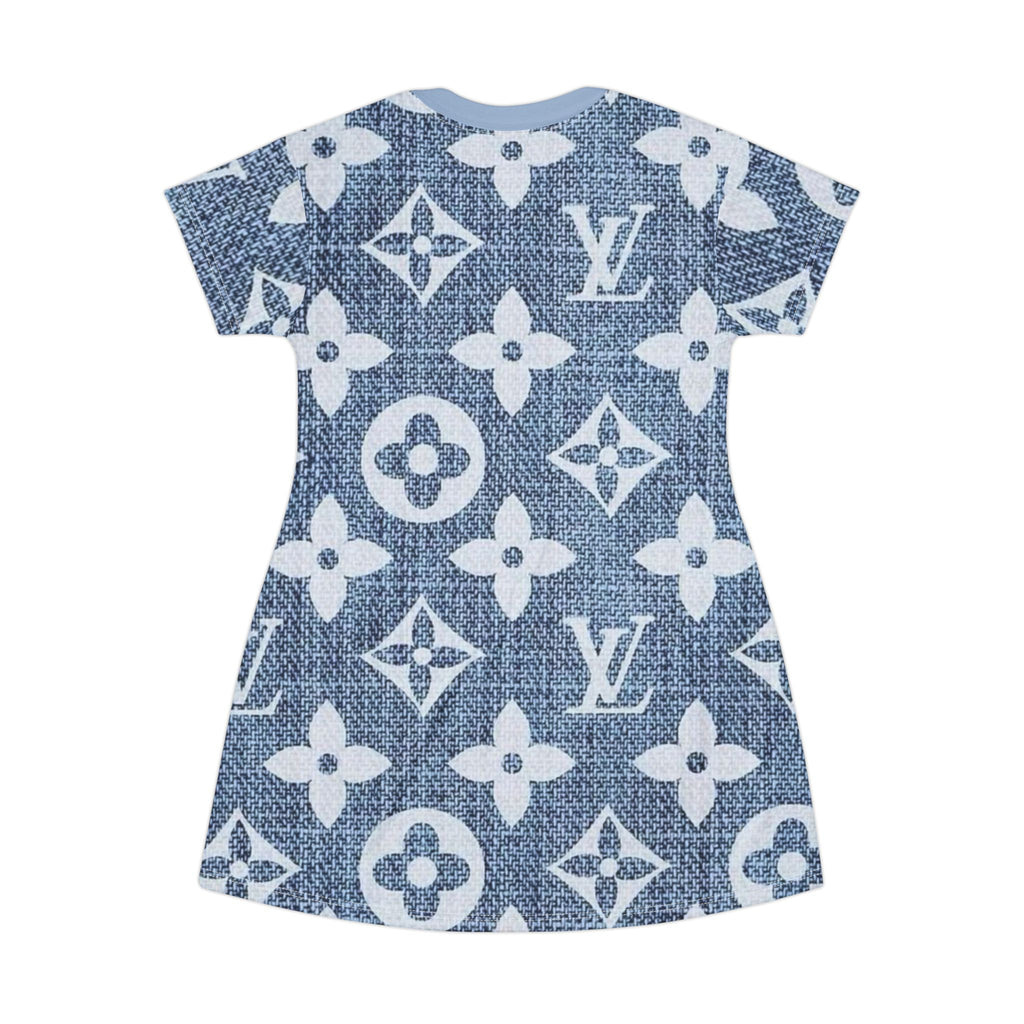 Denim Monogram T-Shirt Dress — All-Over Print Luxury Logo Pattern