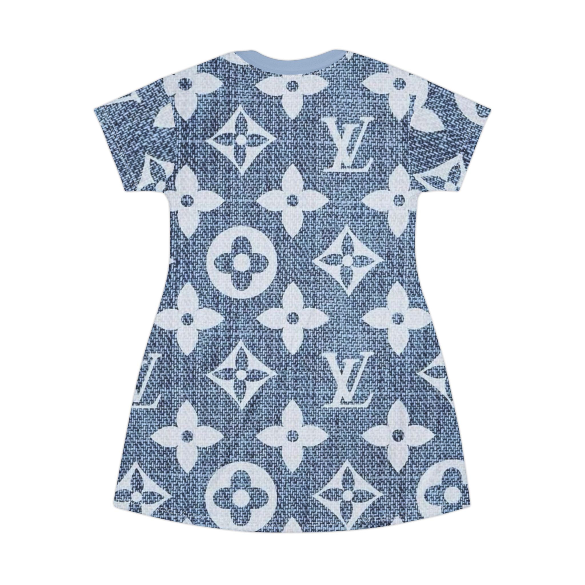 Denim Monogram T-Shirt Dress — All-Over Print Luxury Logo Pattern