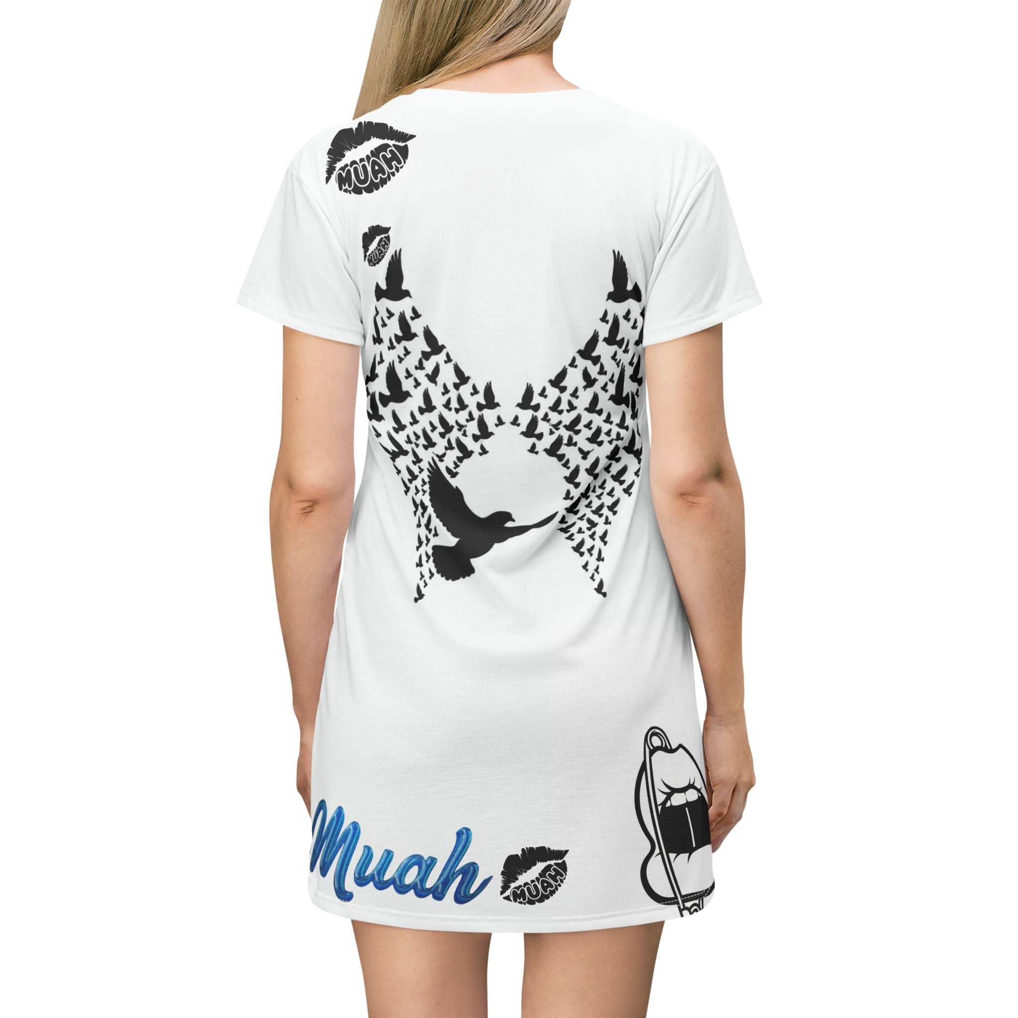 T-Shirt Dress — 'Muah' Angel Wings & Dove Graphic AOP Dress