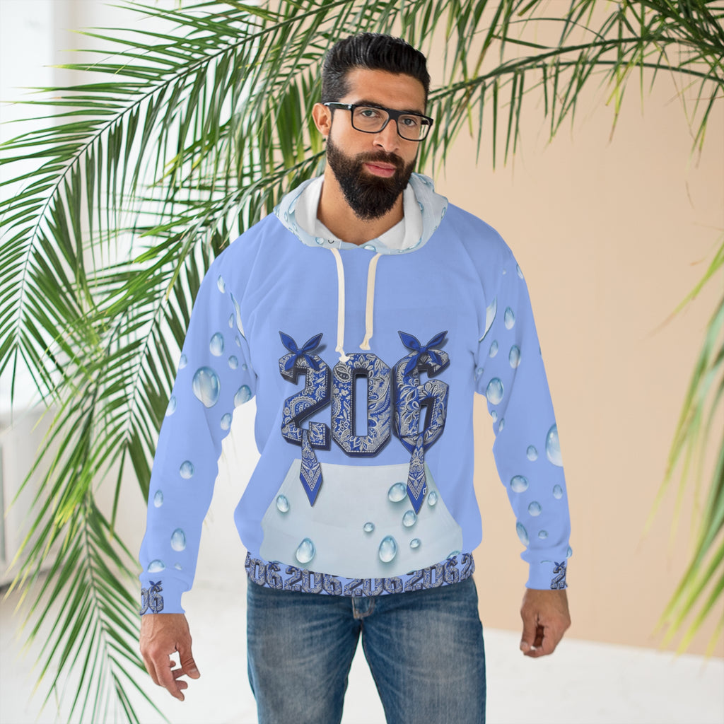 206 Water Droplet Hoodie — Blue Raindrop All-Over Print Pullover