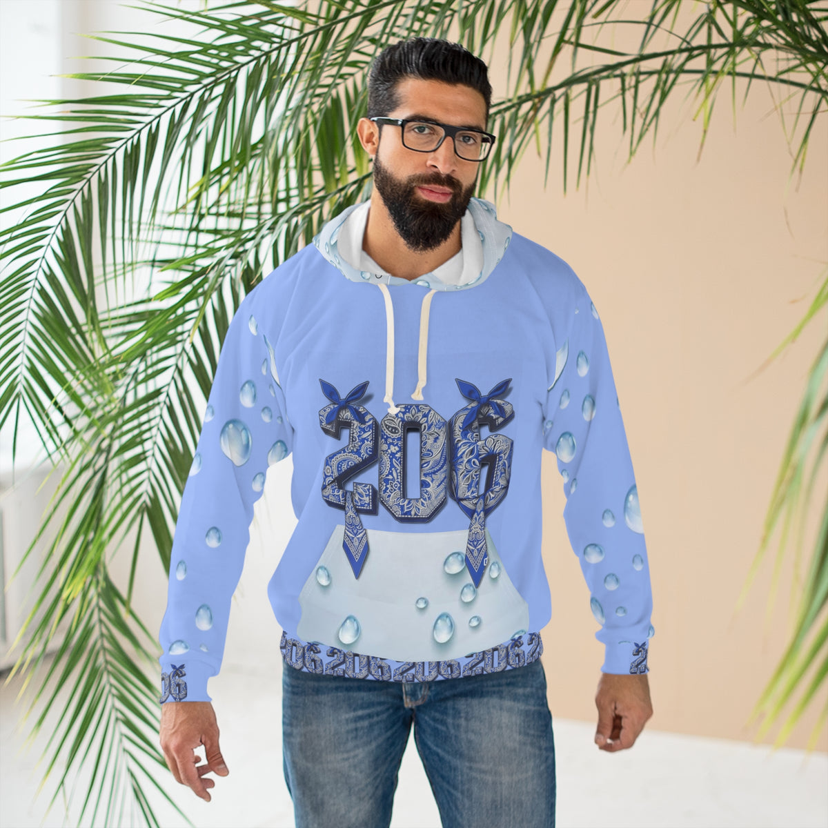 206 Water Droplet Hoodie — Blue Raindrop All-Over Print Pullover