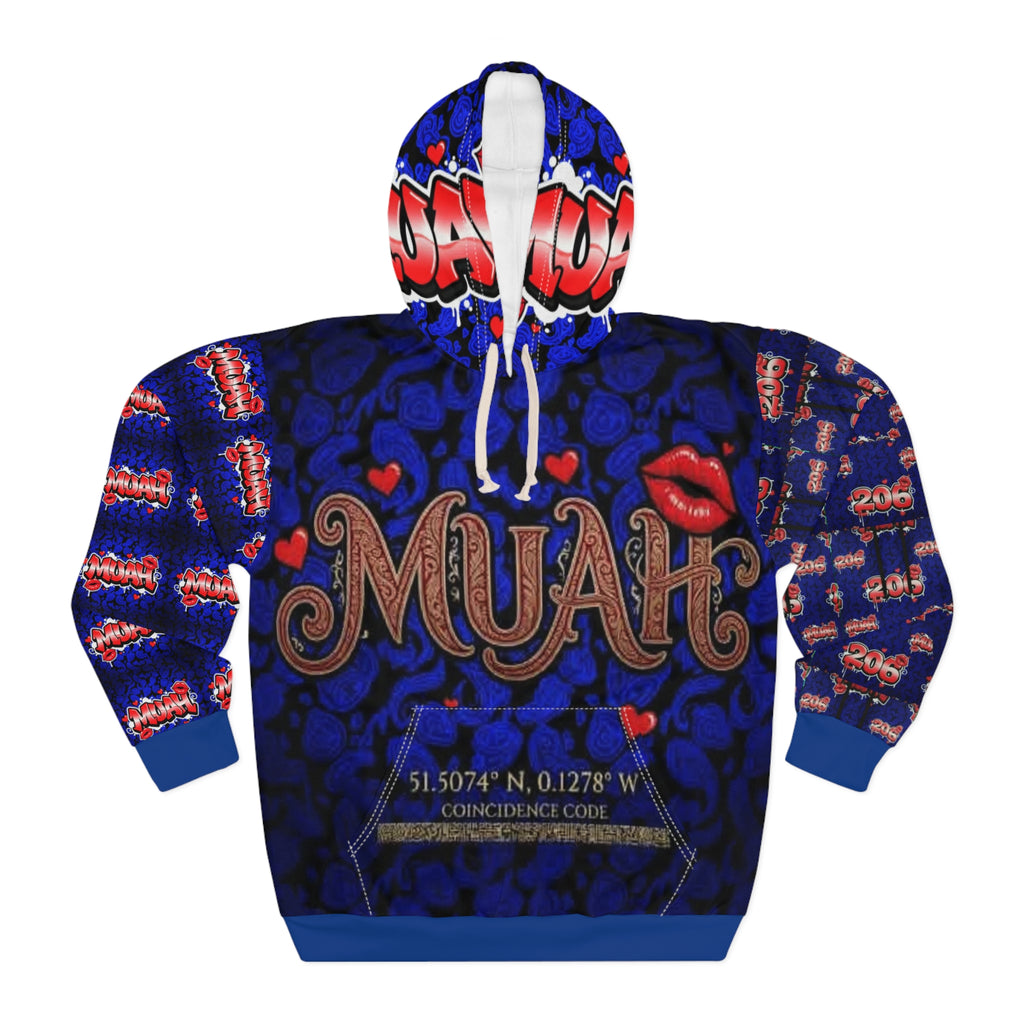 Muah Graphic Hoodie — Romantic Lip & Hearts All-Over Print Pullover