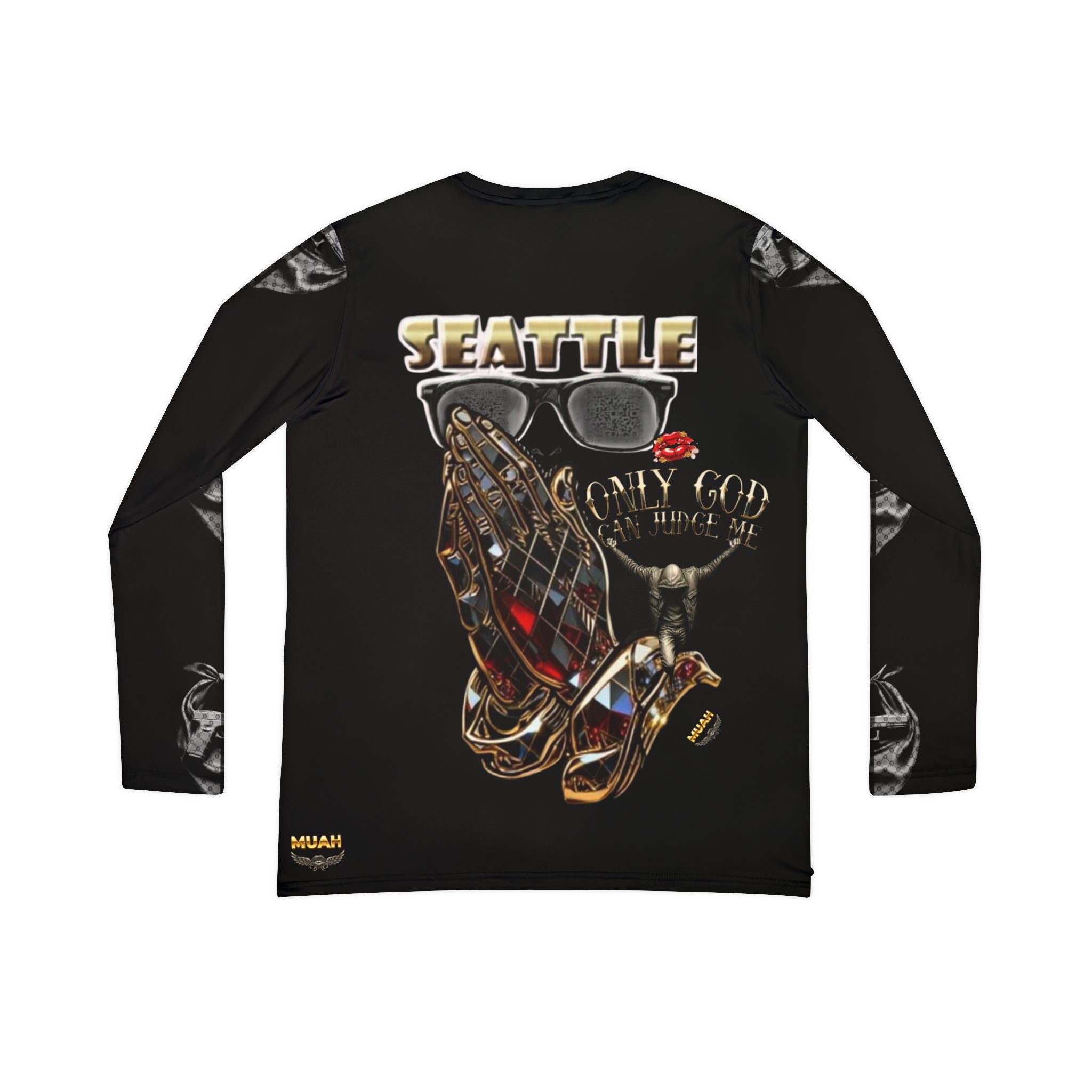 Seattle Prayer Hands & Gun Graphic Long Sleeve V-Neck Shirt