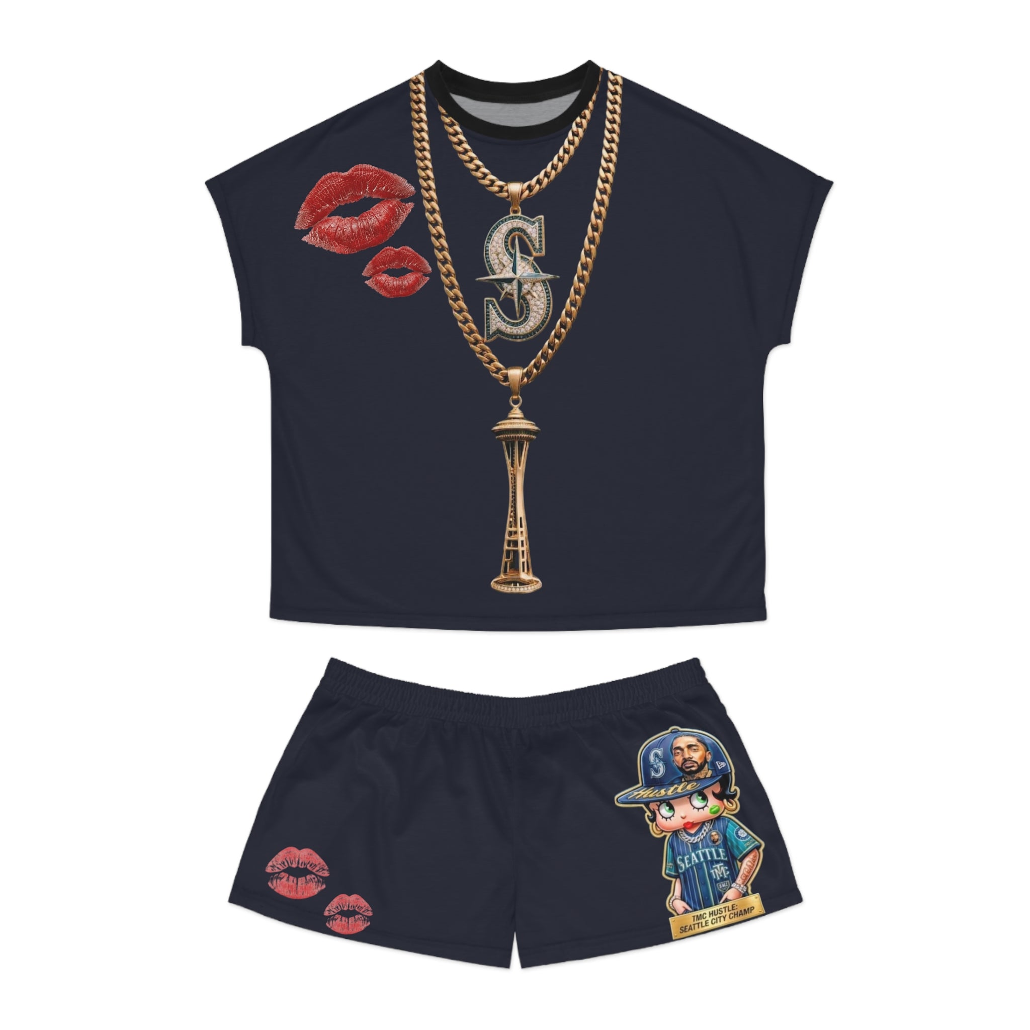 Seattle Mariners Inspired Women's Pajama Set — Cute Girl Mascot, Gold Necklace & Lip Print Sleepwear