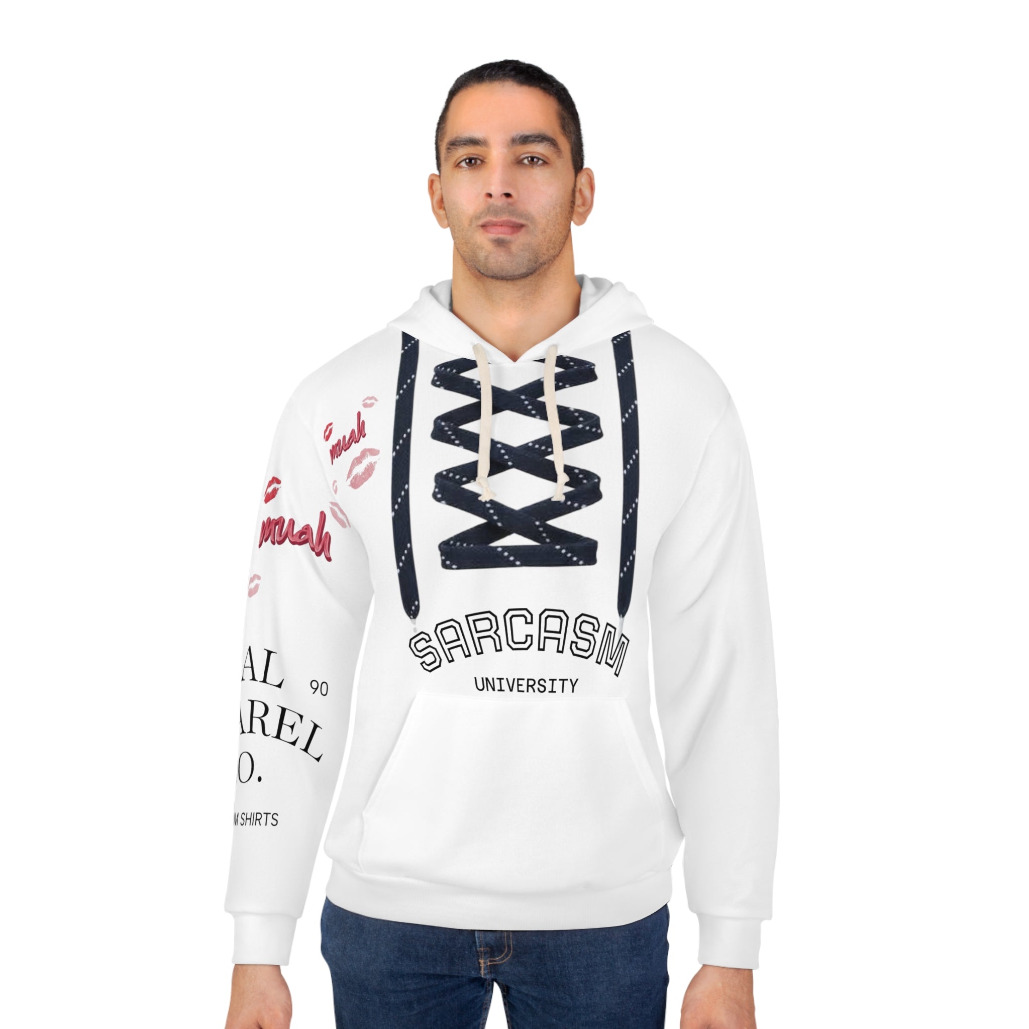 Sarcasm University Hoodie — Funny Lace-Up Pullover with Kiss Marks