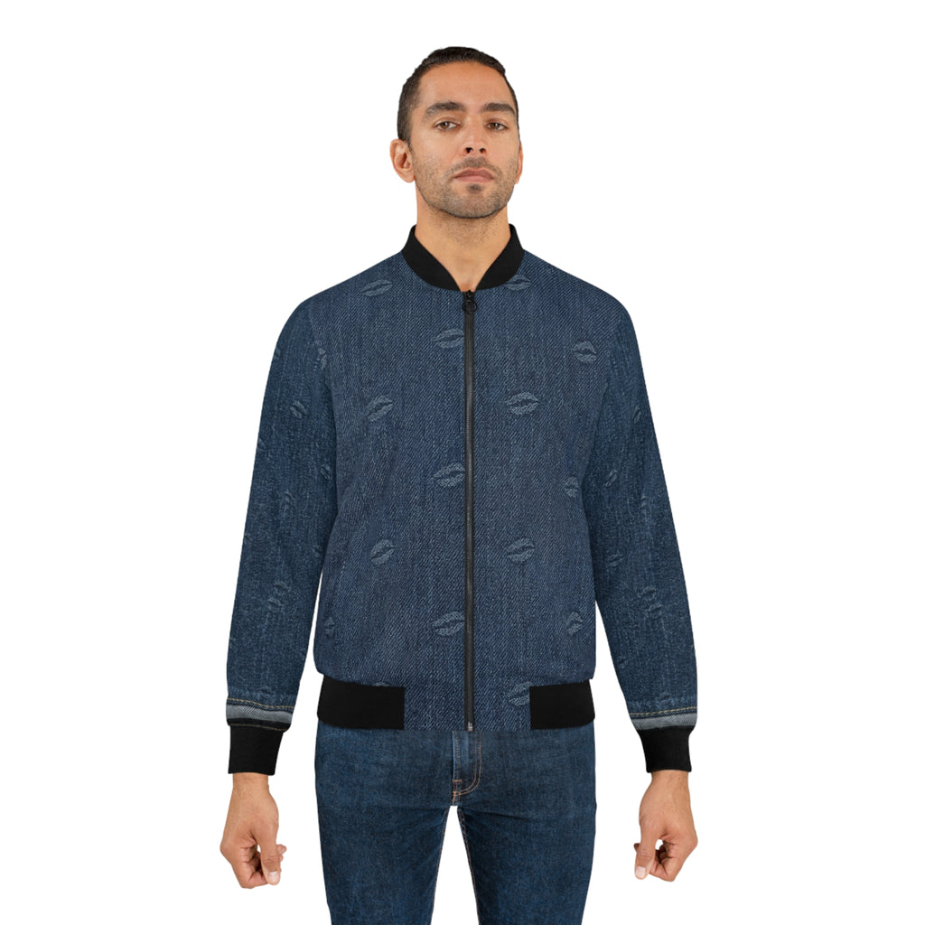 Denim Patch Bomber Jacket — Retro Distressed Kiss-Print & Middle-Finger Patch