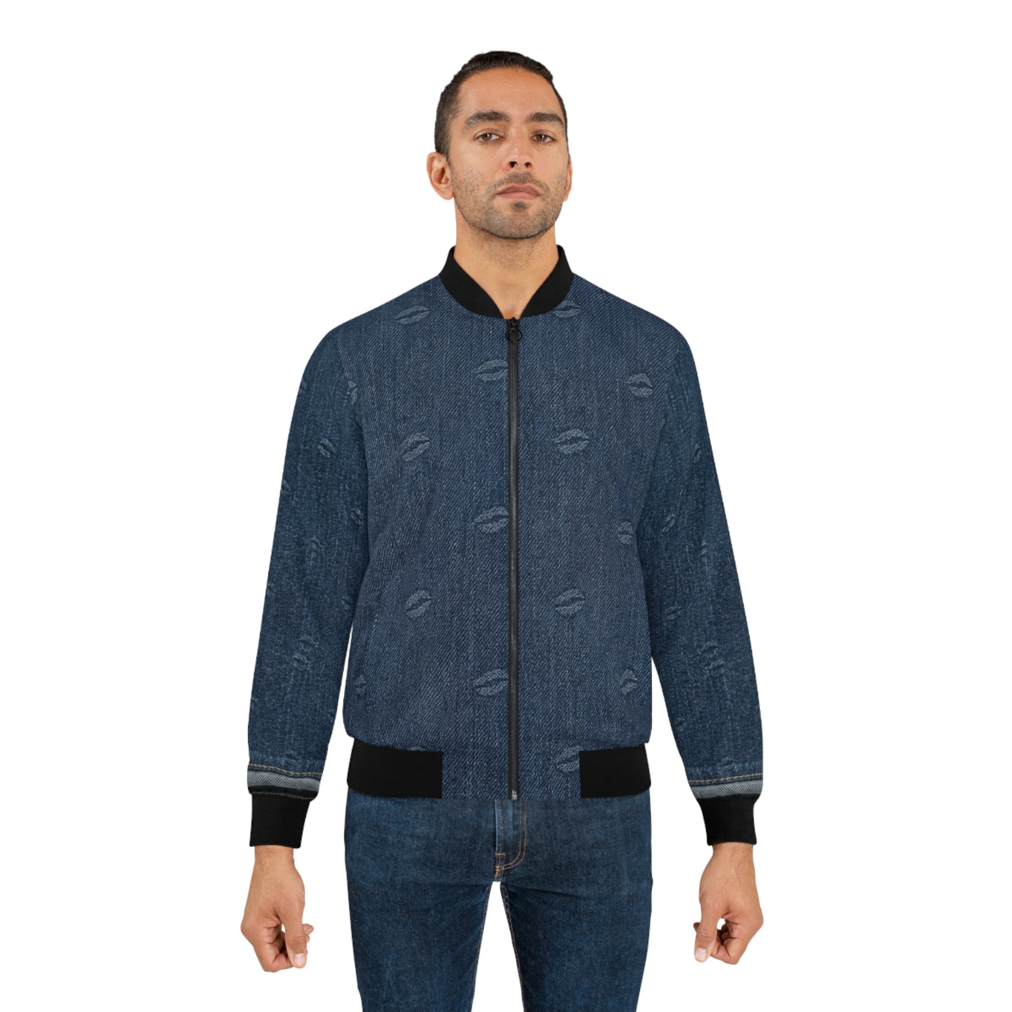 Denim Patch Bomber Jacket — Retro Distressed Kiss-Print & Middle-Finger Patch