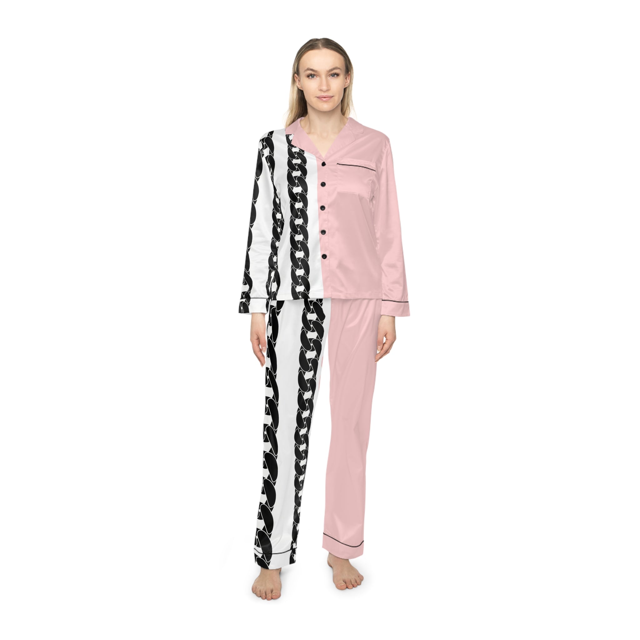 Pink Satin Pajama Set with Black Chain Print — Women's Luxe Sleepwear