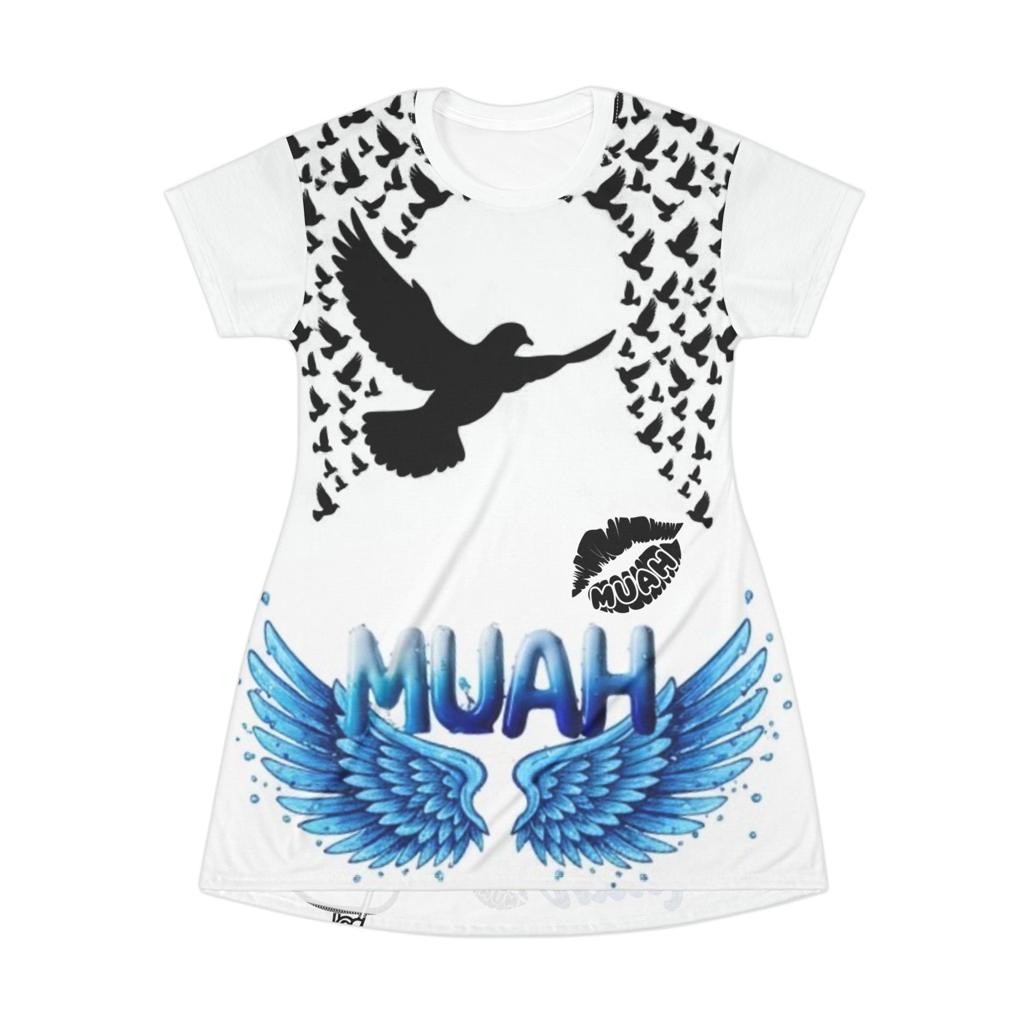 T-Shirt Dress — 'Muah' Angel Wings & Dove Graphic AOP Dress
