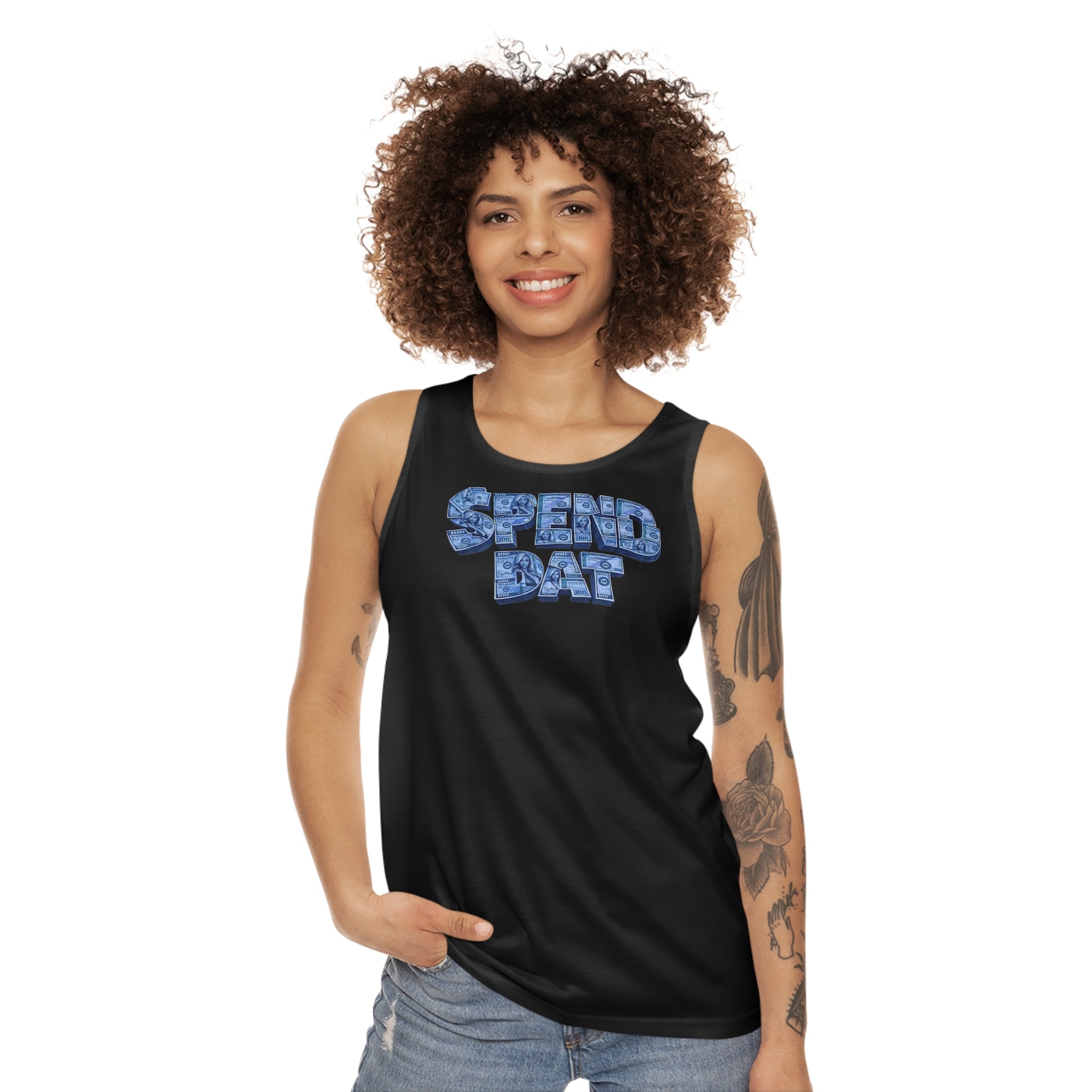Spend Dat Tank Top — Blue Graffiti Text Graphic Tank