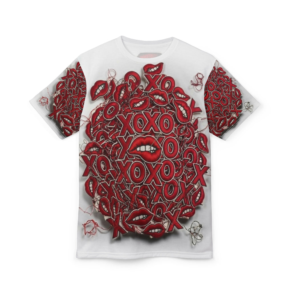 XOXO Red Lips All-Over Print Tee — Valentine's Day Kiss Graphic Shirt