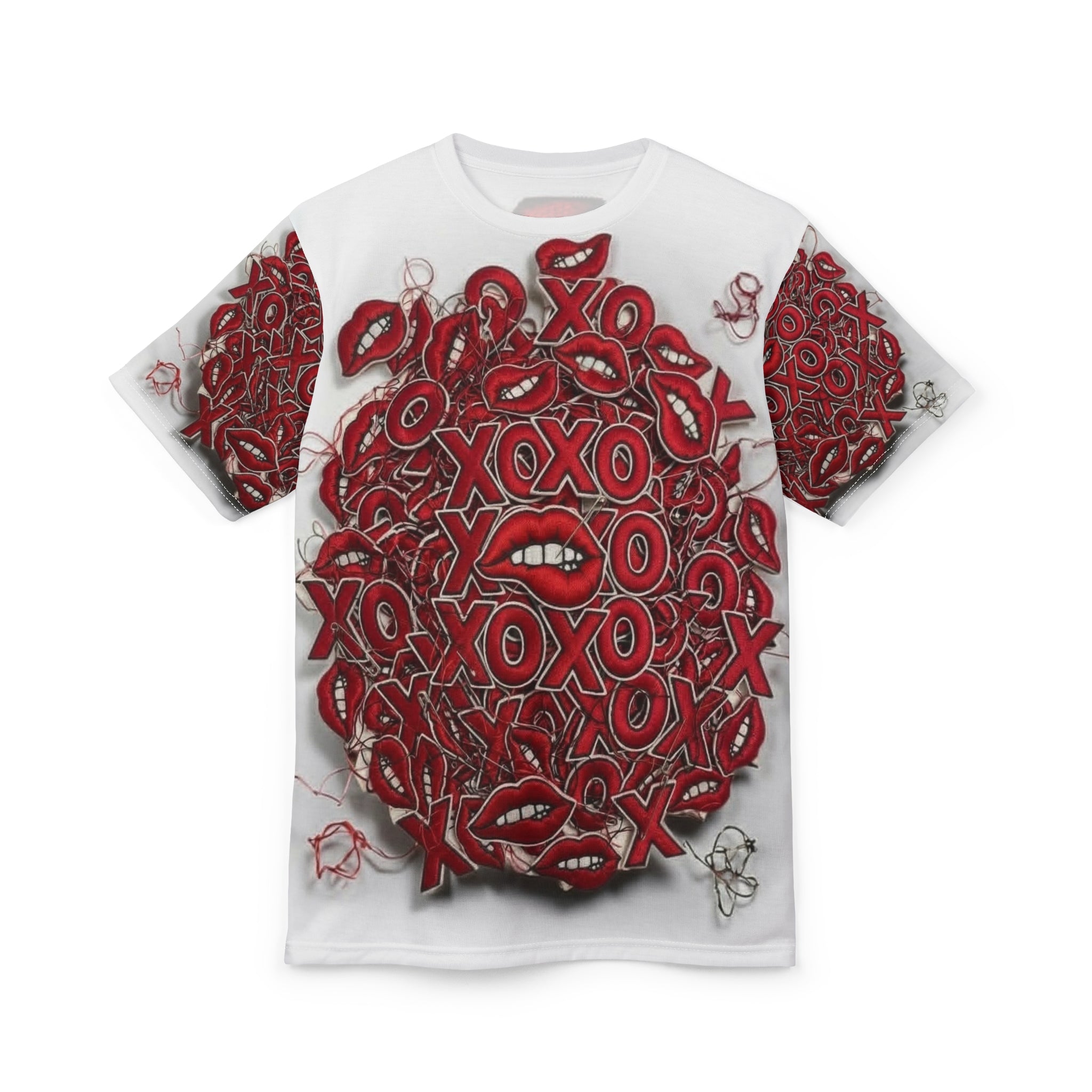 XOXO Red Lips All-Over Print Tee — Valentine's Day Kiss Graphic Shirt