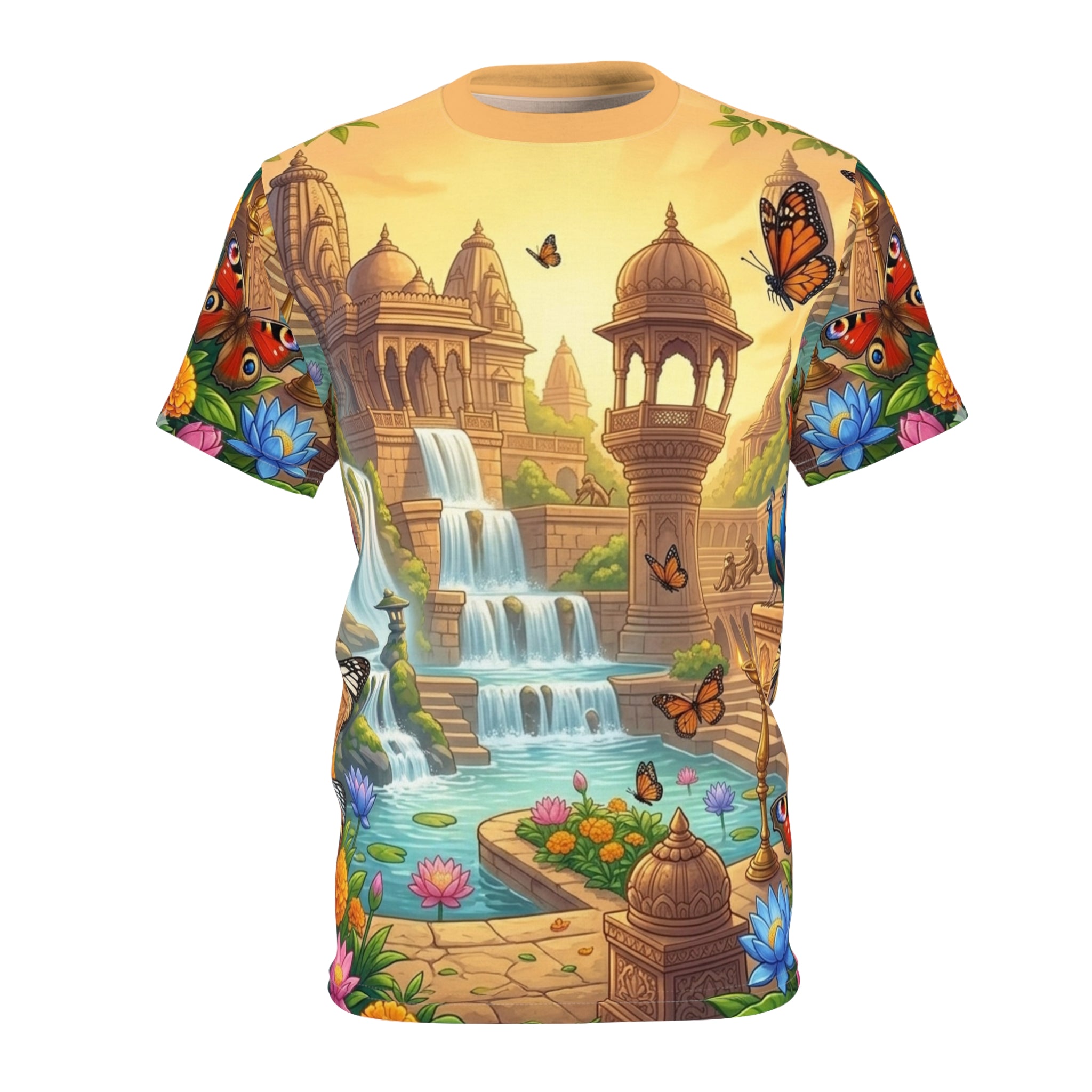 Waterfall Palace T‑Shirt — Vibrant Fantasy Garden Scene with Butterflies