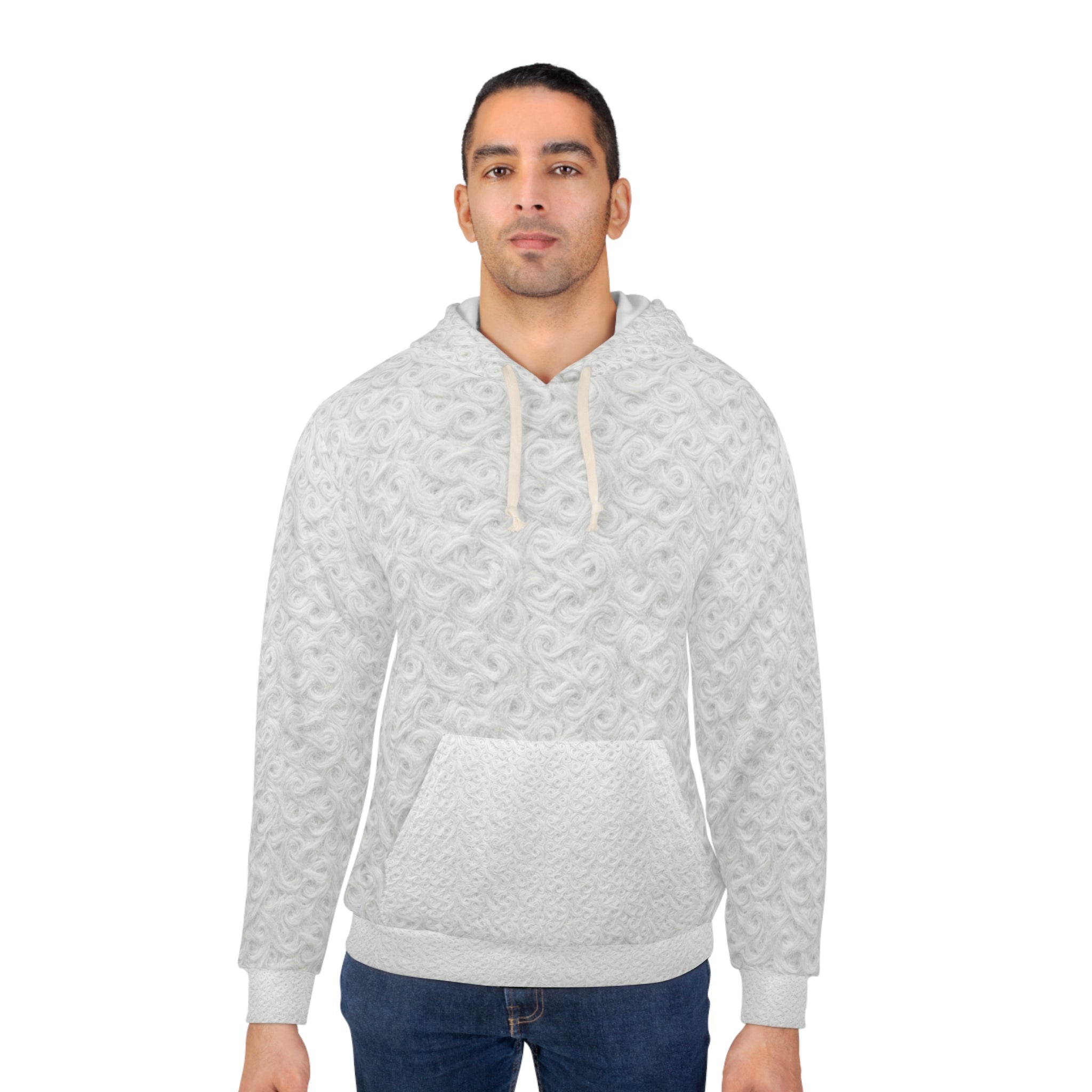 White Quilted Texture Hoodie – Cozy All-Over Print Pullover