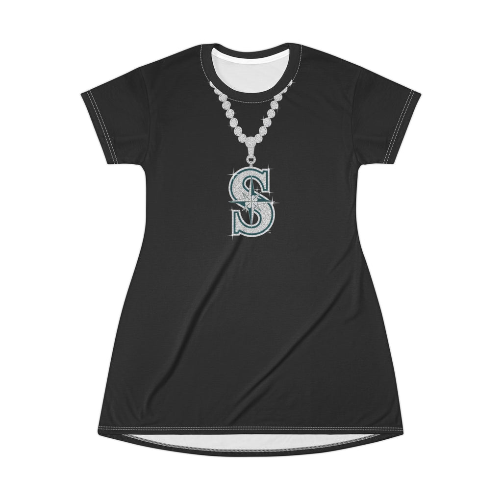 S Script Necklace Graphic T‑Shirt Dress — Black All‑Over Print