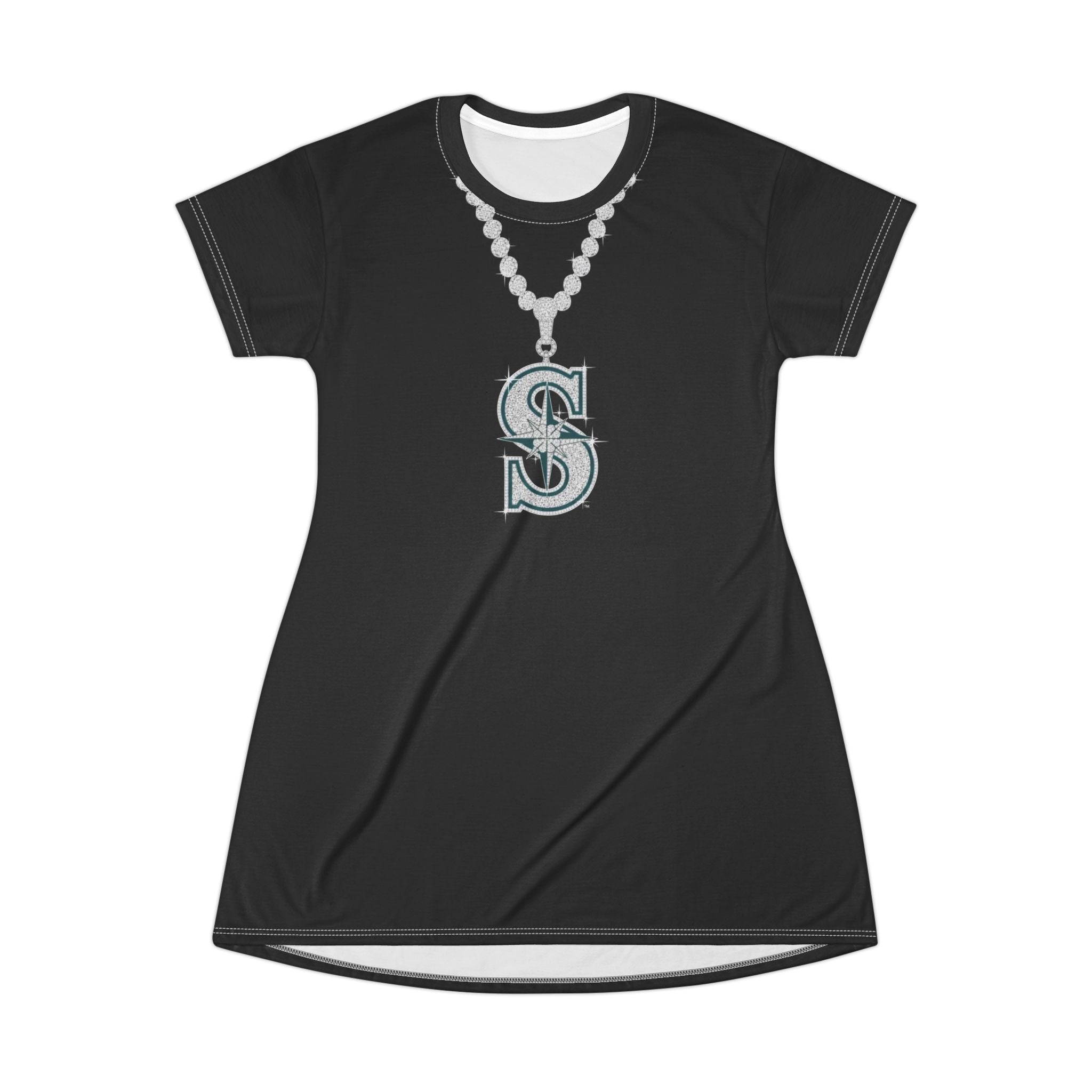 S Script Necklace Graphic T‑Shirt Dress — Black All‑Over Print