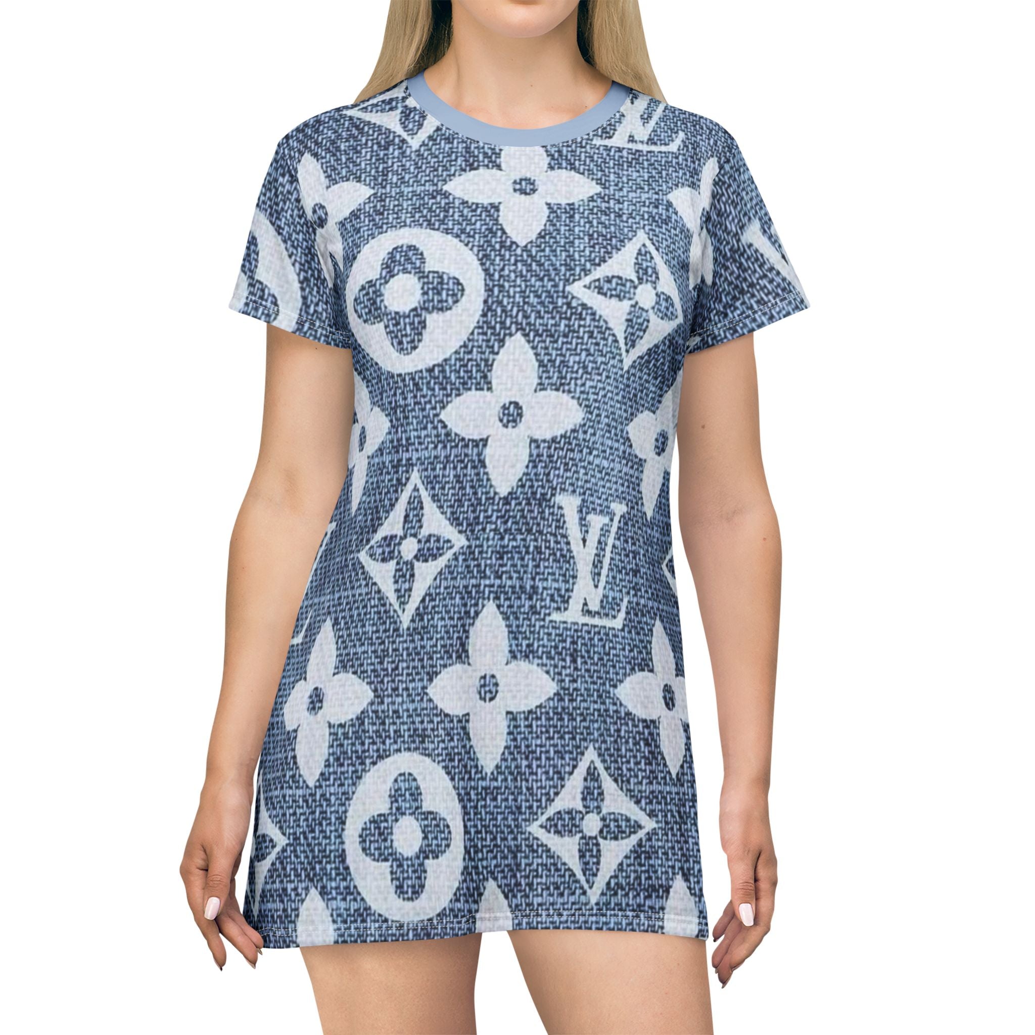 Denim Monogram T-Shirt Dress — All-Over Print Luxury Logo Pattern