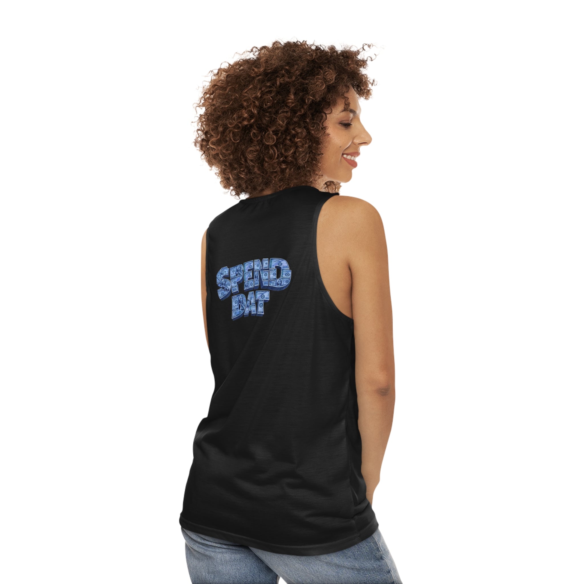 Spend Dat Tank Top — Blue Graffiti Text Graphic Tank