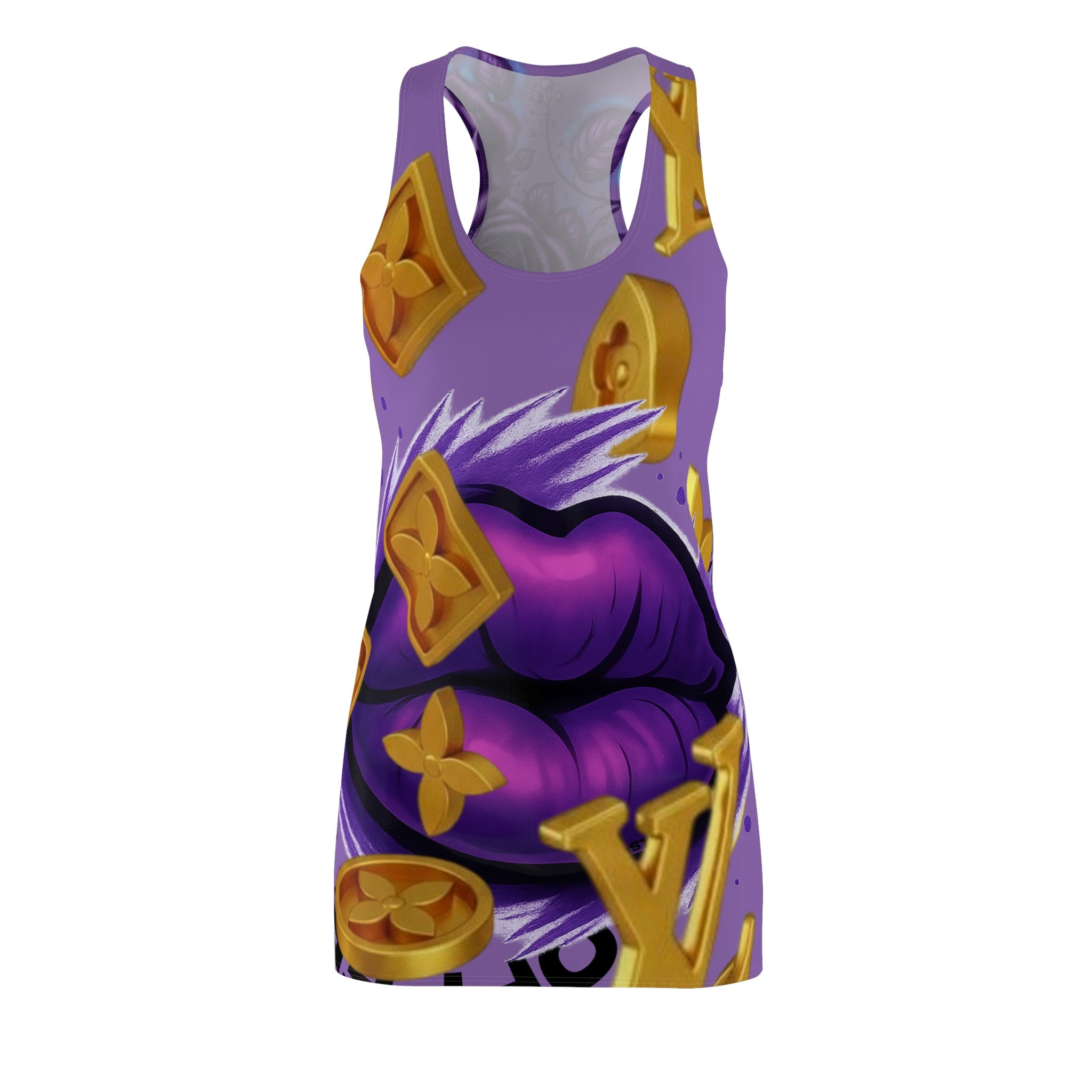 Purple Lip Art Racerback Dress — Bold Graffiti Floral AOP