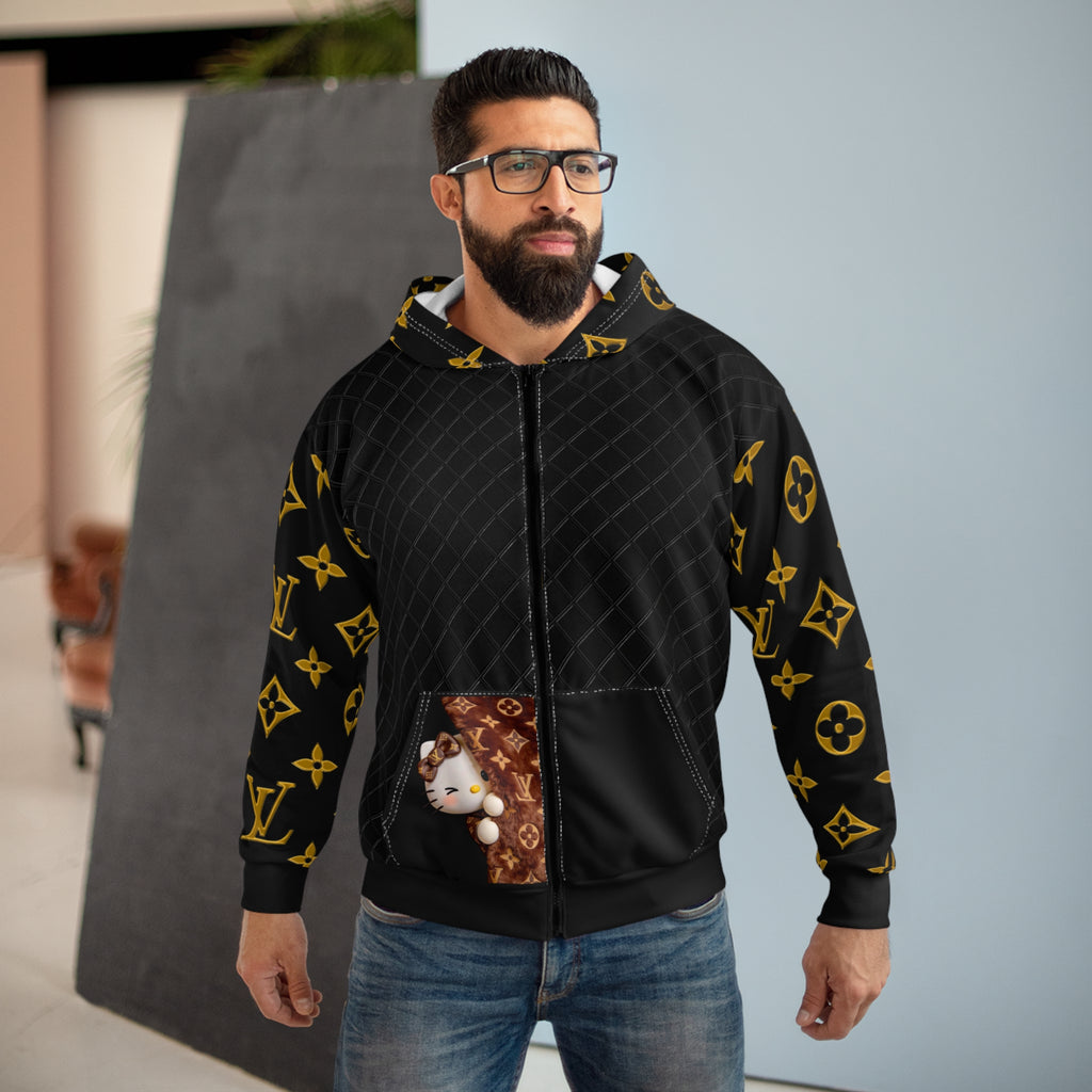 Luxury Monogram Zip Hoodie — Black & Gold Designer Pattern