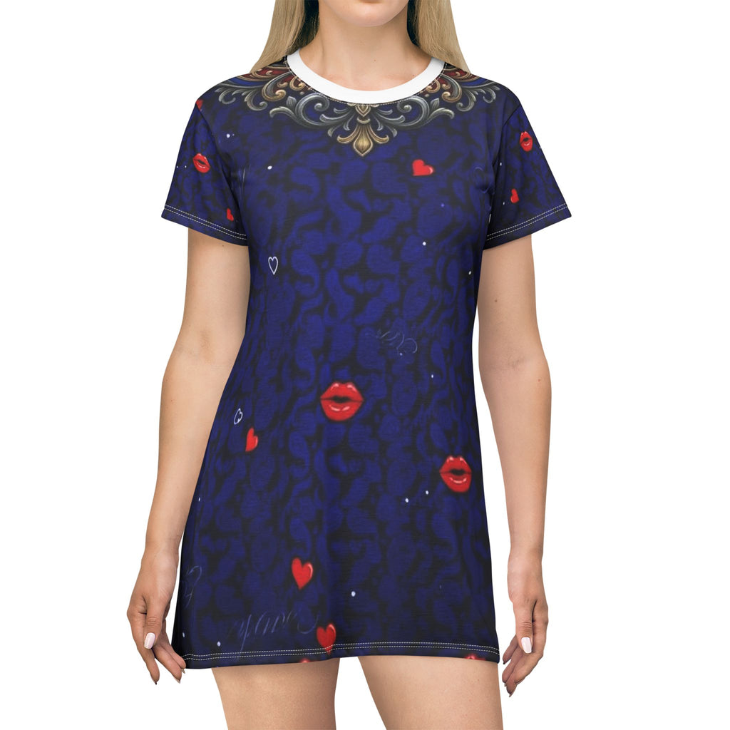 T-Shirt Dress — 'The Lips Go Crazy' All-Over Print Romantic Kiss Pattern