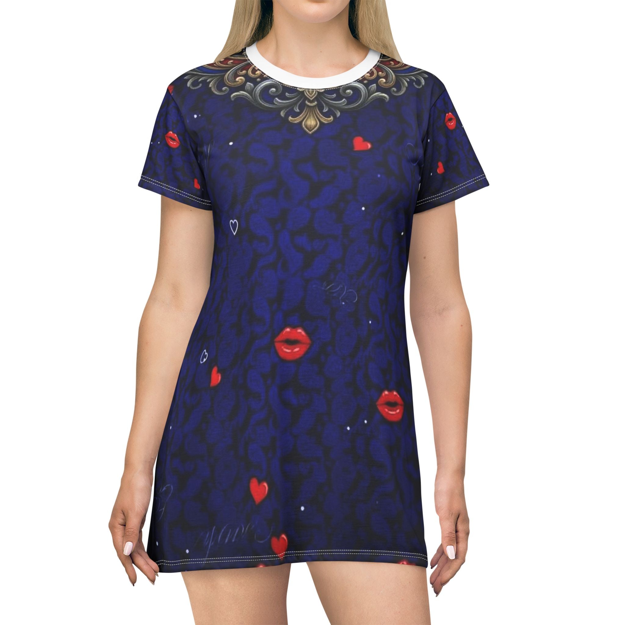 T-Shirt Dress — 'The Lips Go Crazy' All-Over Print Romantic Kiss Pattern
