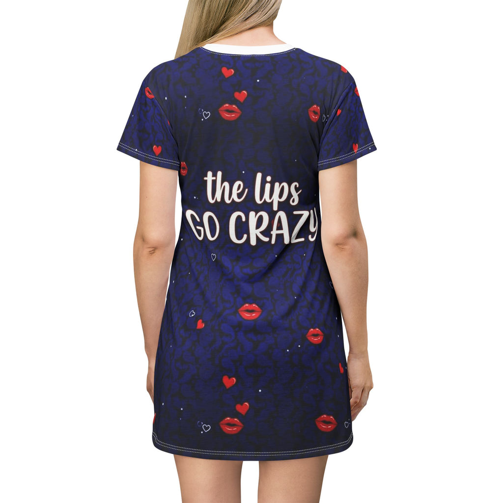 T-Shirt Dress — 'The Lips Go Crazy' All-Over Print Romantic Kiss Pattern