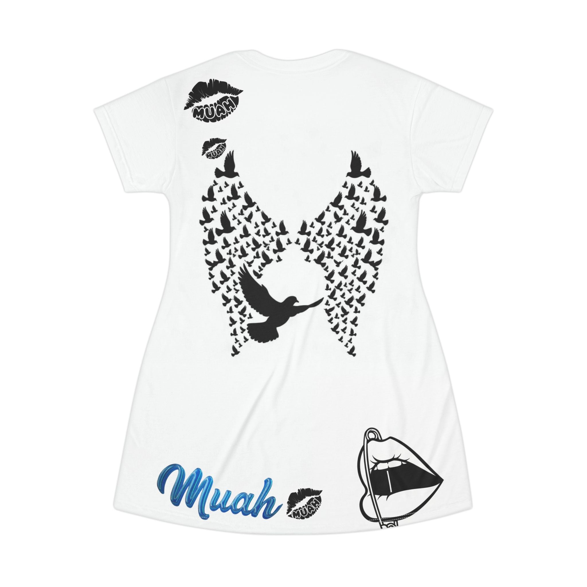 T-Shirt Dress — 'Muah' Angel Wings & Dove Graphic AOP Dress