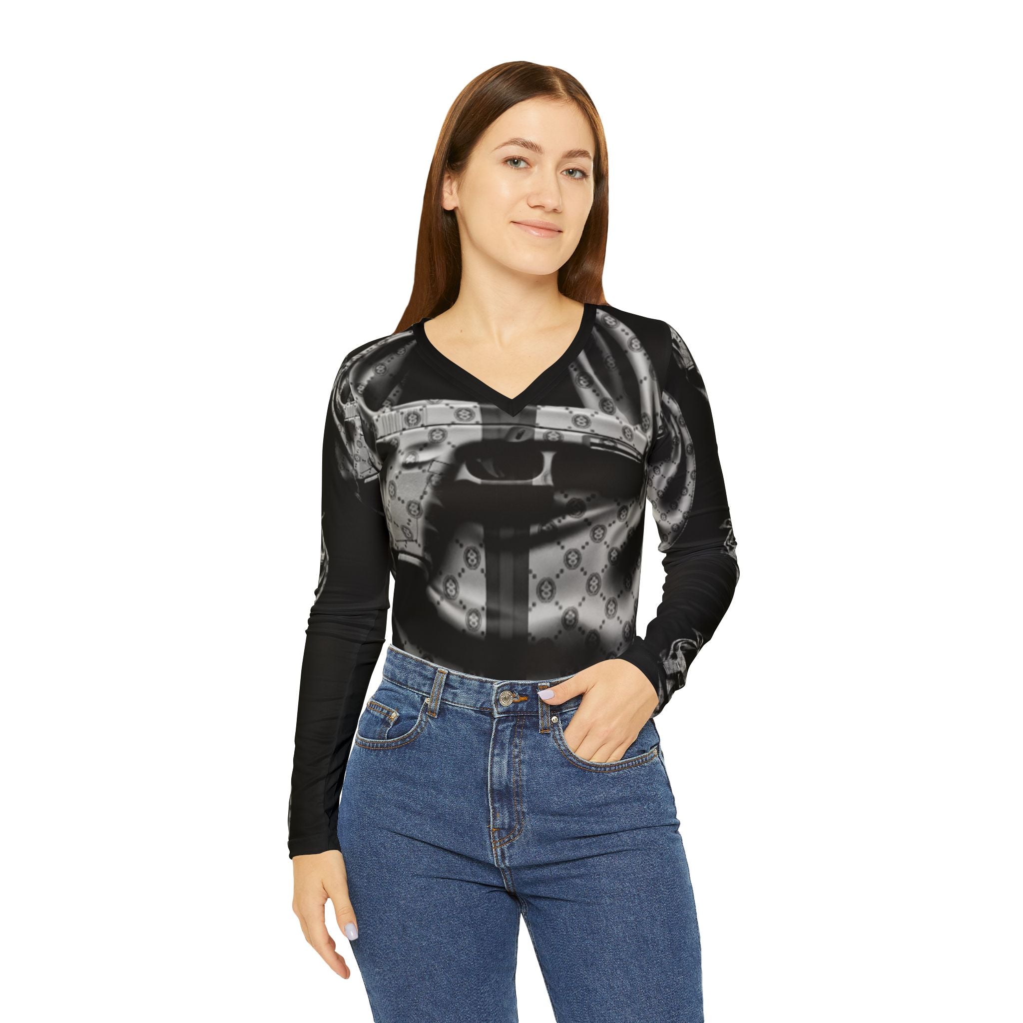 Seattle Prayer Hands & Gun Graphic Long Sleeve V-Neck Shirt