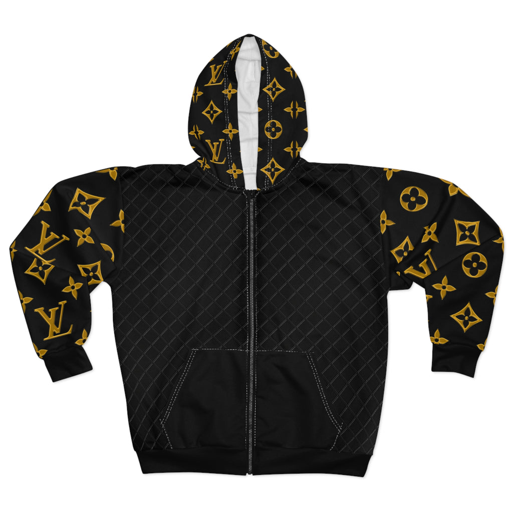 Luxury Monogram Zip Hoodie — Black & Gold Designer Pattern
