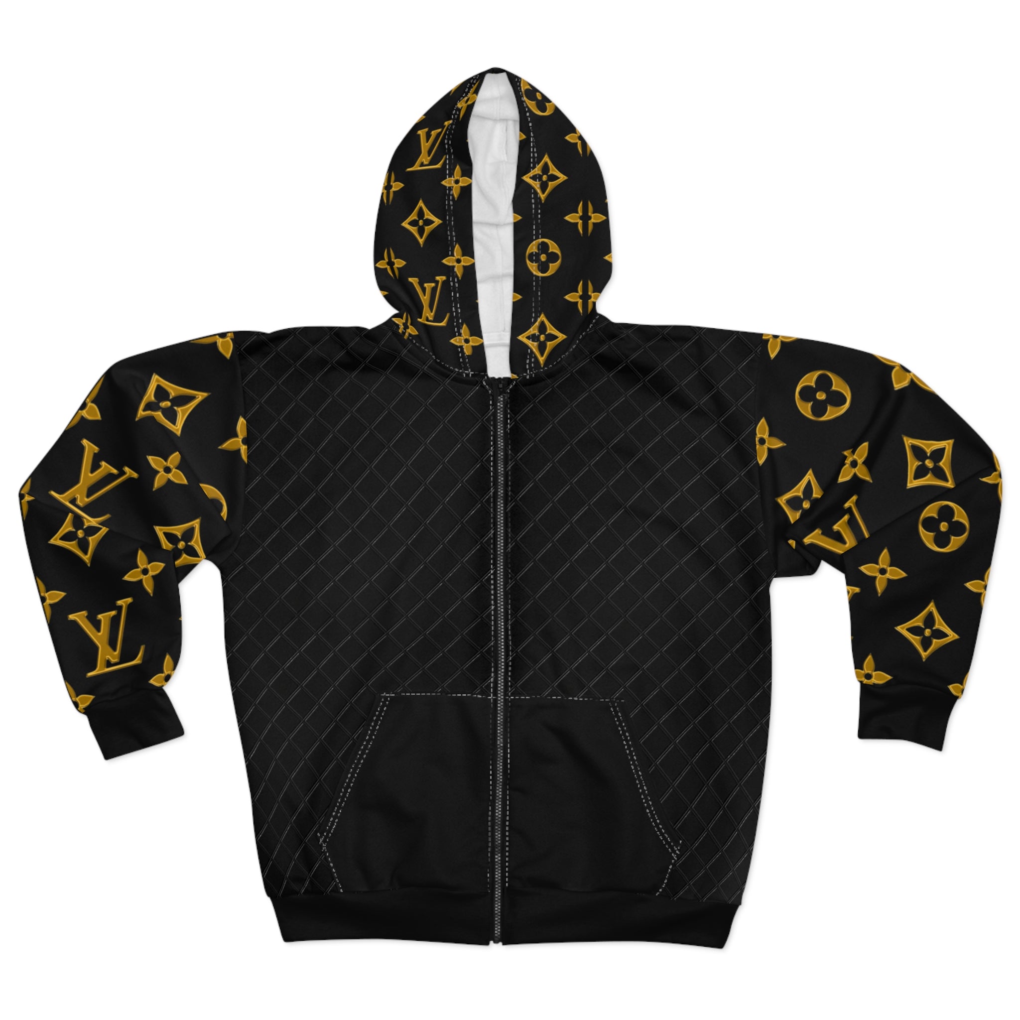Luxury Monogram Zip Hoodie — Black & Gold Designer Pattern