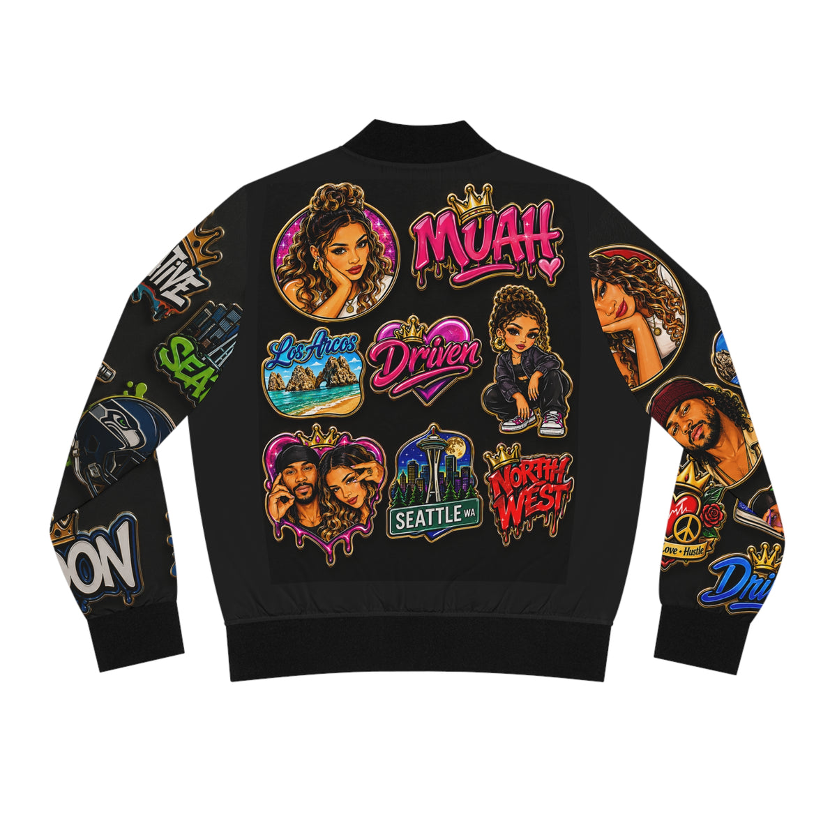 Graphic Patchwork Bomber Jacket — Retro Sticker-Style Women's Jacket