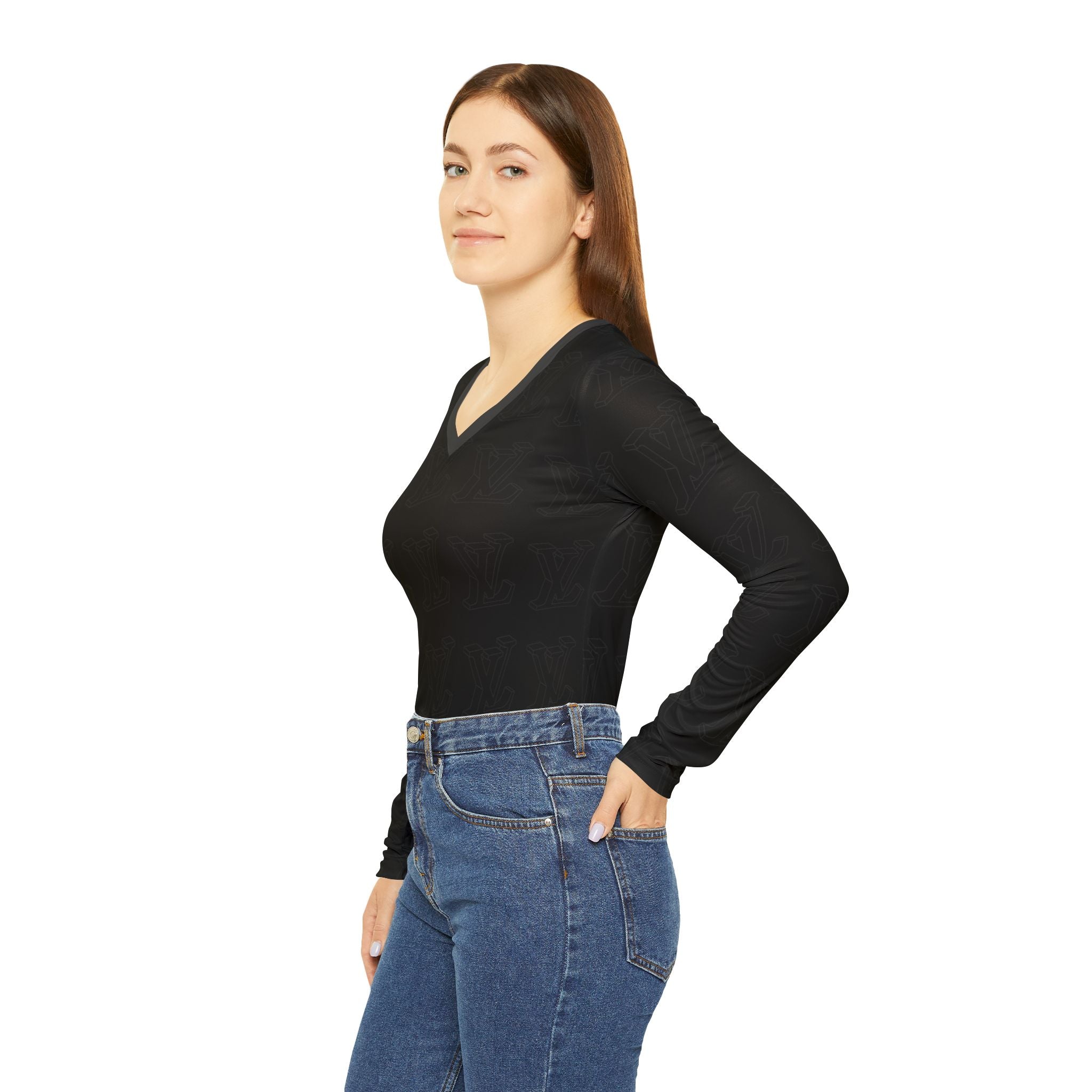 Women's V-Neck Long Sleeve Shirt — All-Over Black Minimalist Pattern