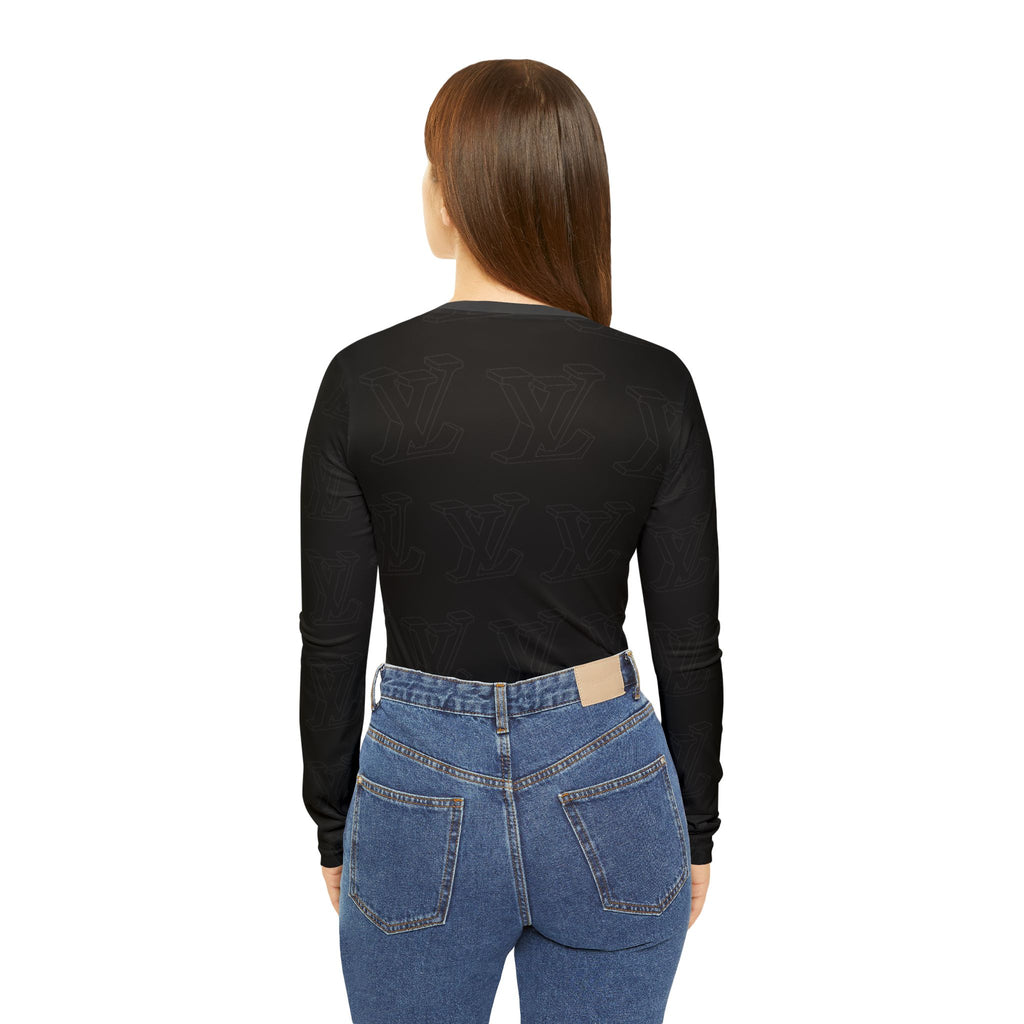 Women's V-Neck Long Sleeve Shirt — All-Over Black Minimalist Pattern