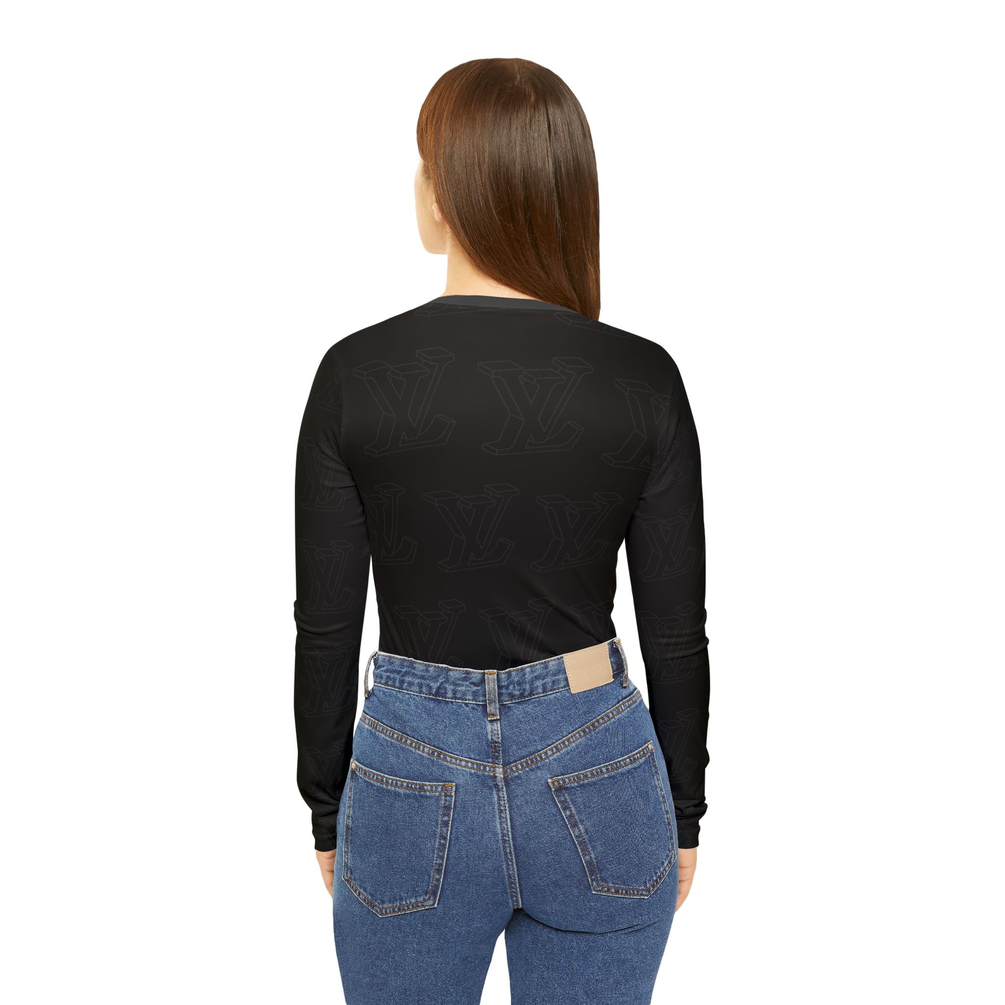 Women's V-Neck Long Sleeve Shirt — All-Over Black Minimalist Pattern