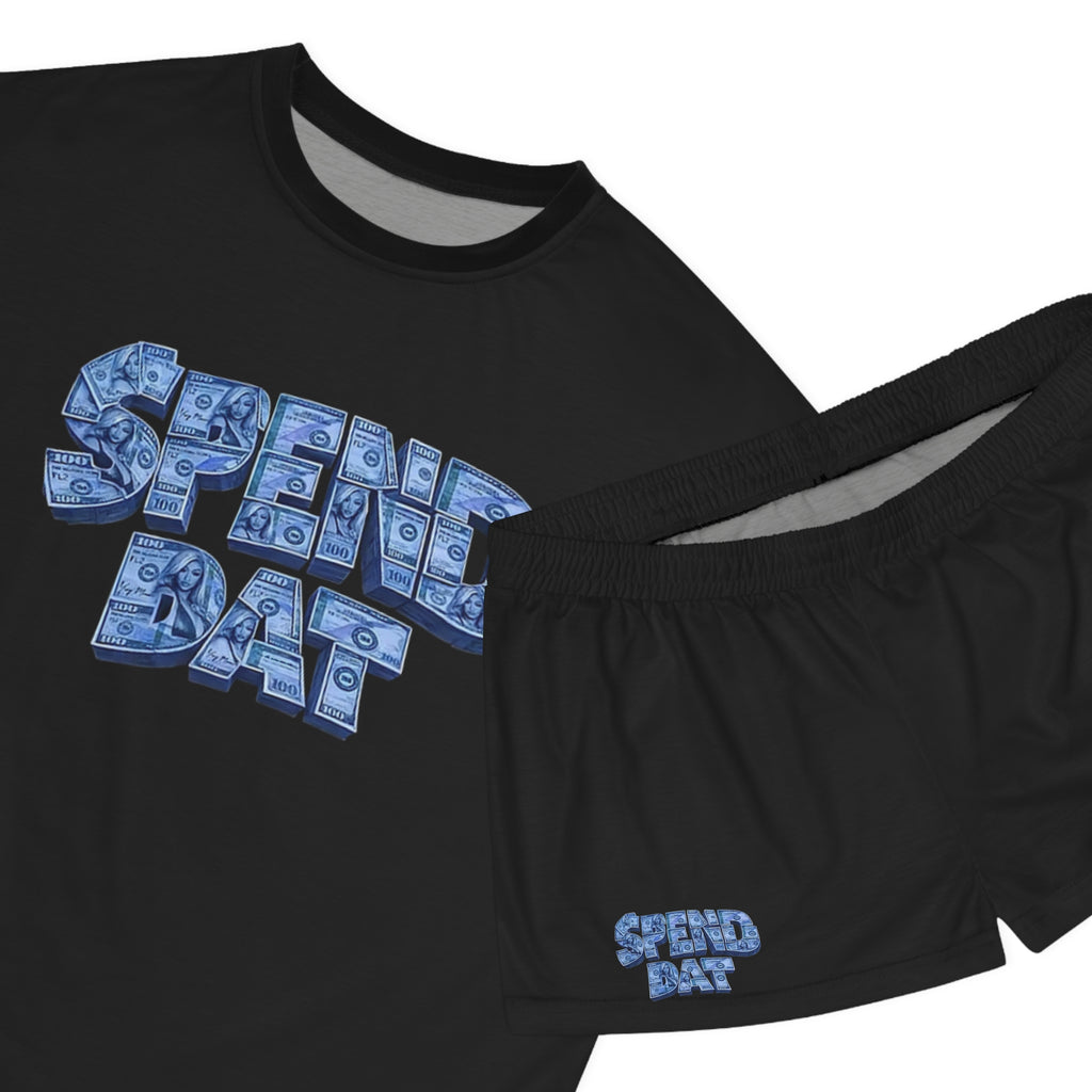 Spend Dat Women's Pajama Set — Black Short Sleep Set with Blue Graphic