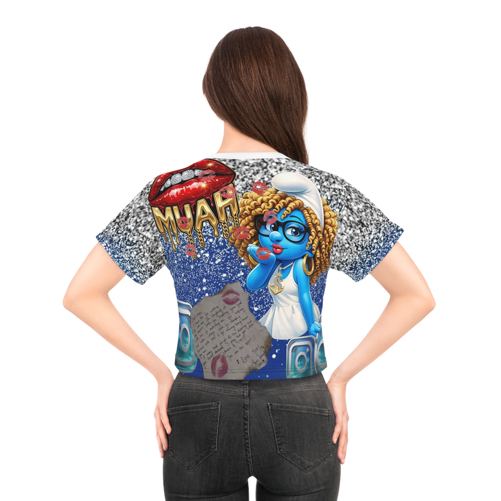 Blue Diva Crop Tee — Graphic Cartoon Girl with 'MUAH' Glitter Design