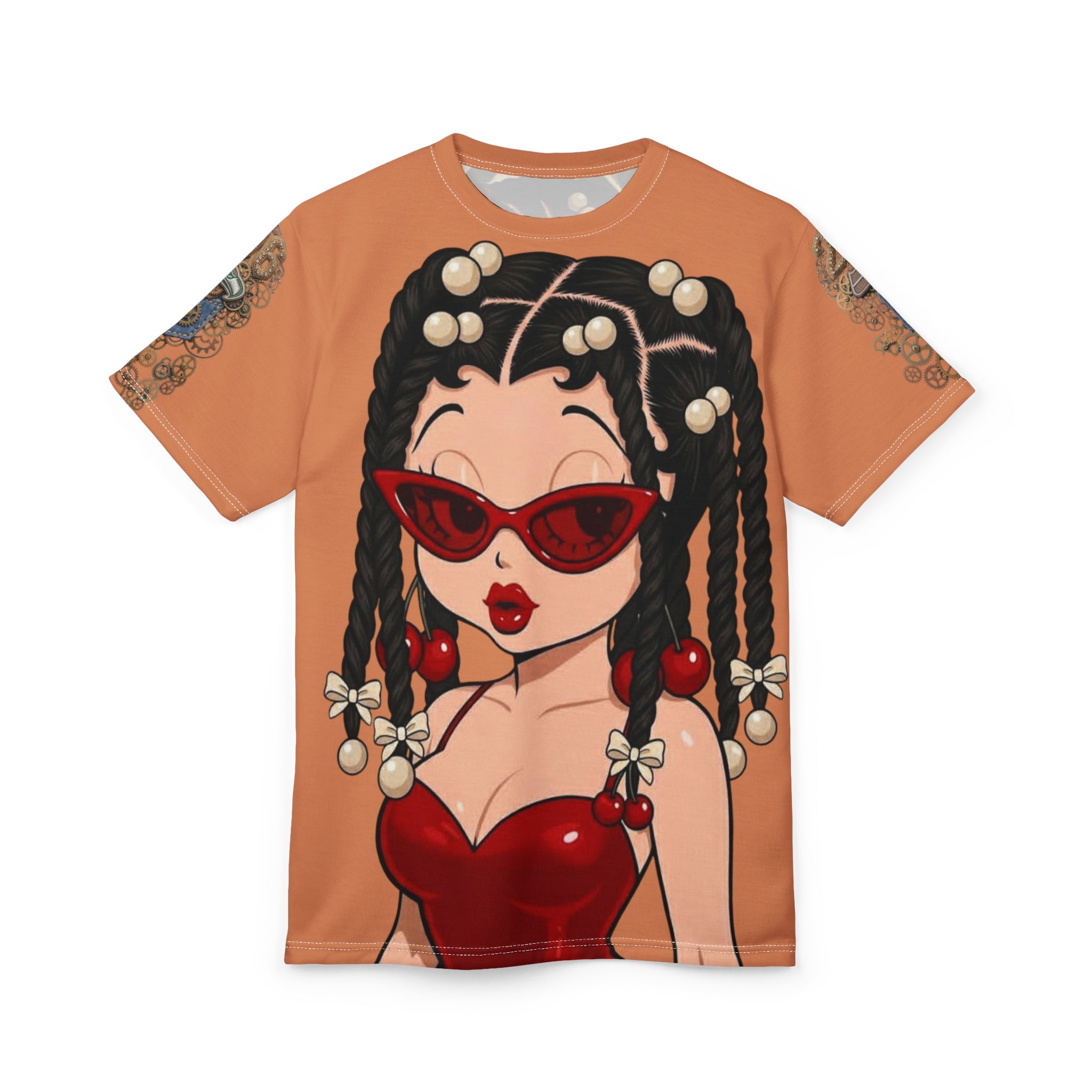 Betty-Inspired Pinup Tee — Retro Sunglasses Cherry Girl All-Over Print