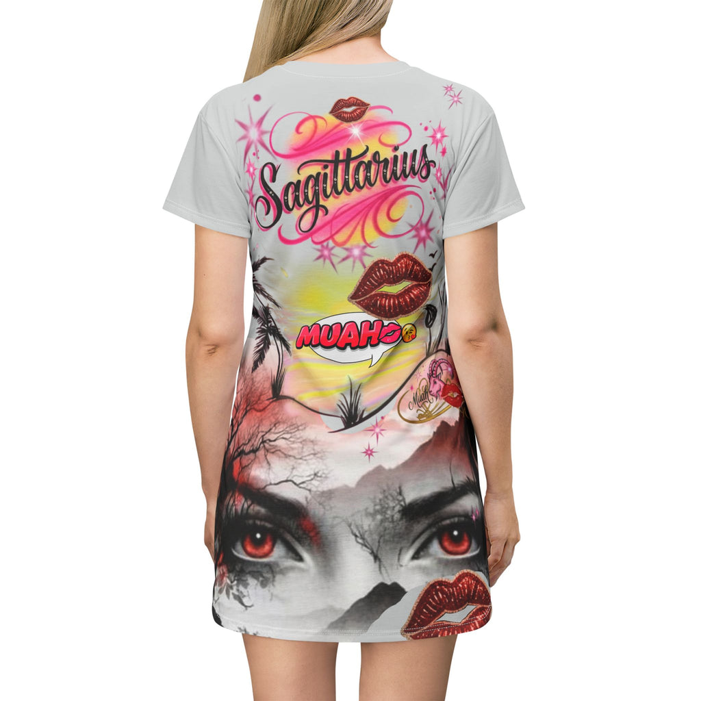Sagittarius Love Graphic T‑Shirt Dress — Red Kiss Cards & Mystic Eyes Print