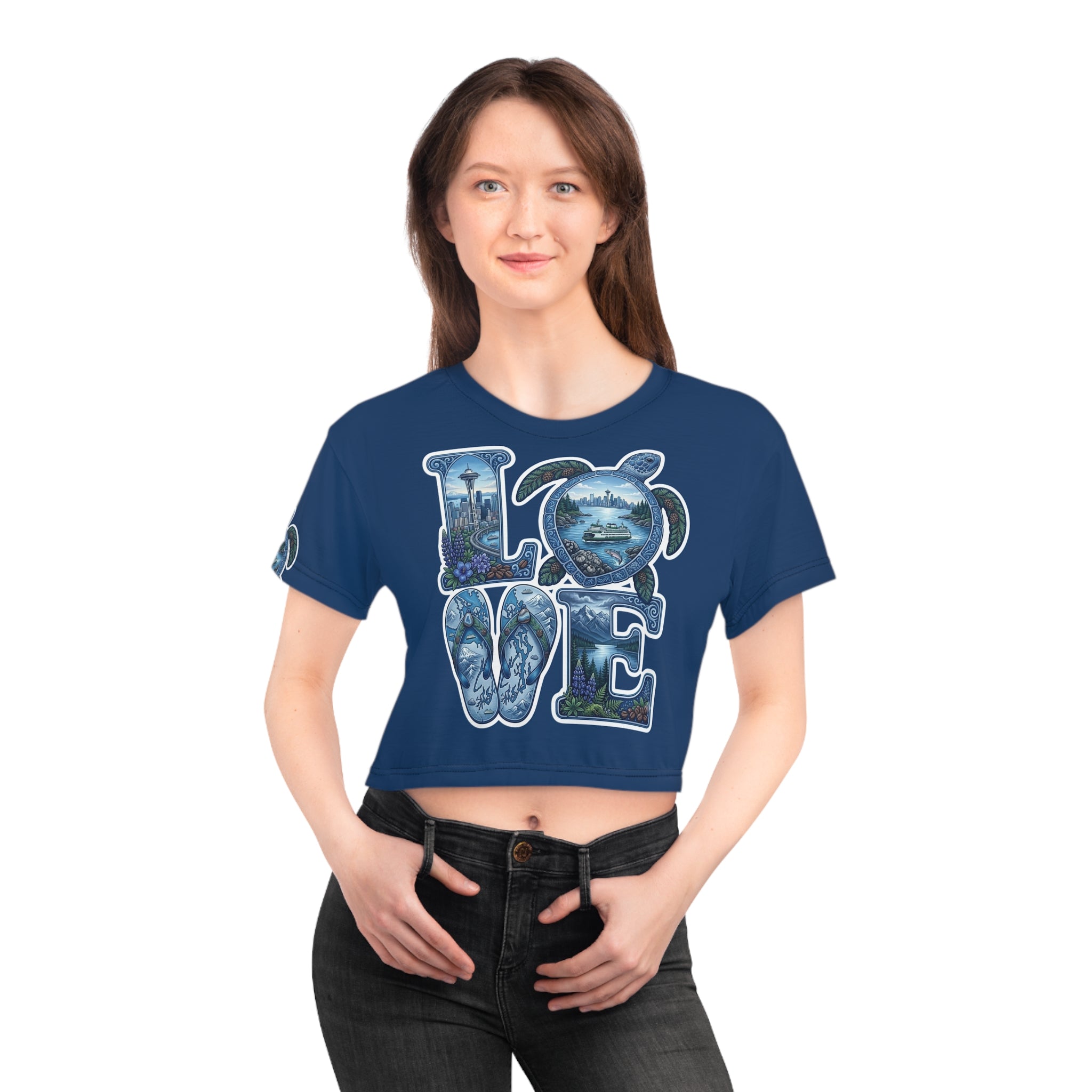 Seattle LOVE Turtle Crop Tee — Pacific Northwest Scenic Graphic Top
