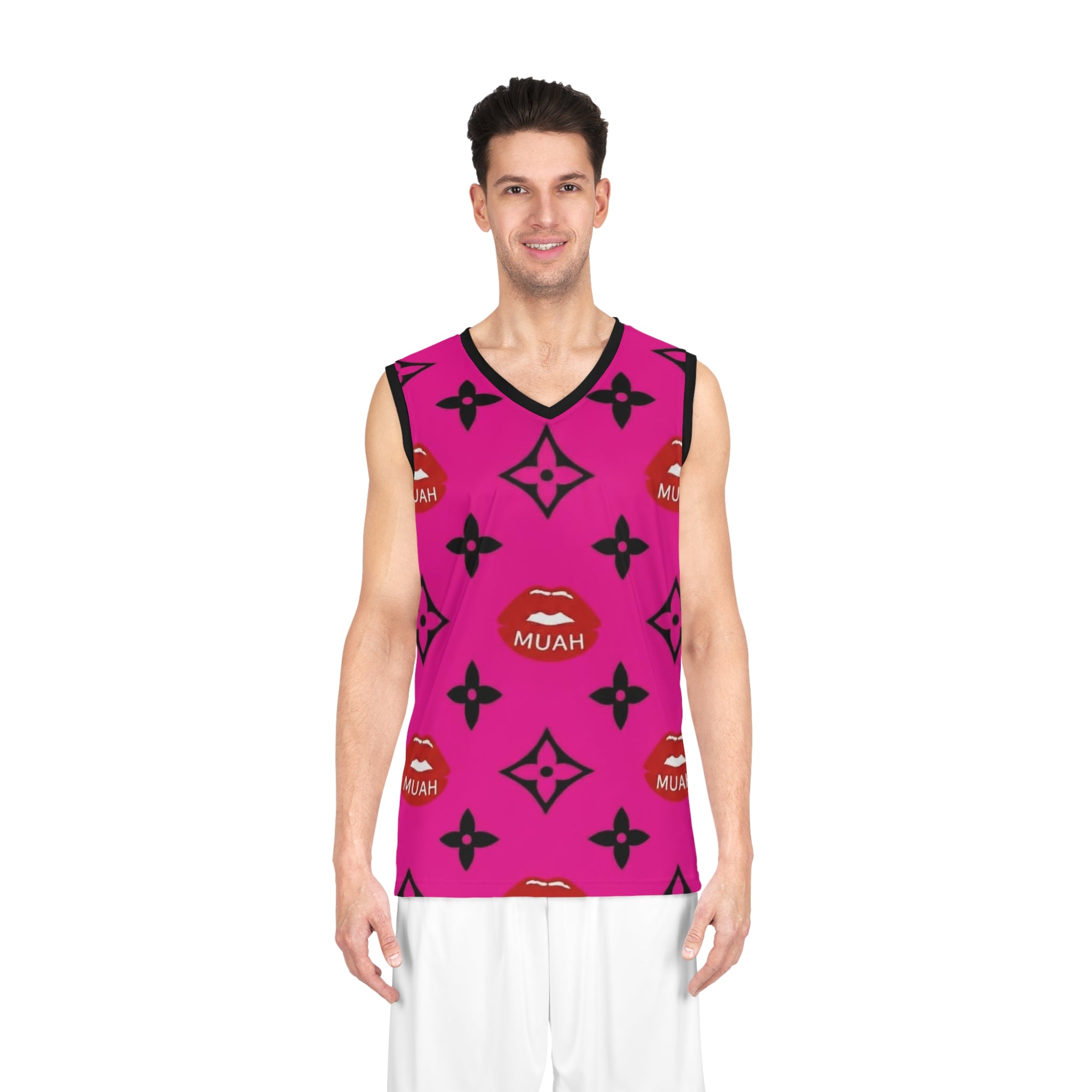 Pink Kiss Pattern Basketball Jersey — "MUAH" All-Over-Print Streetwear